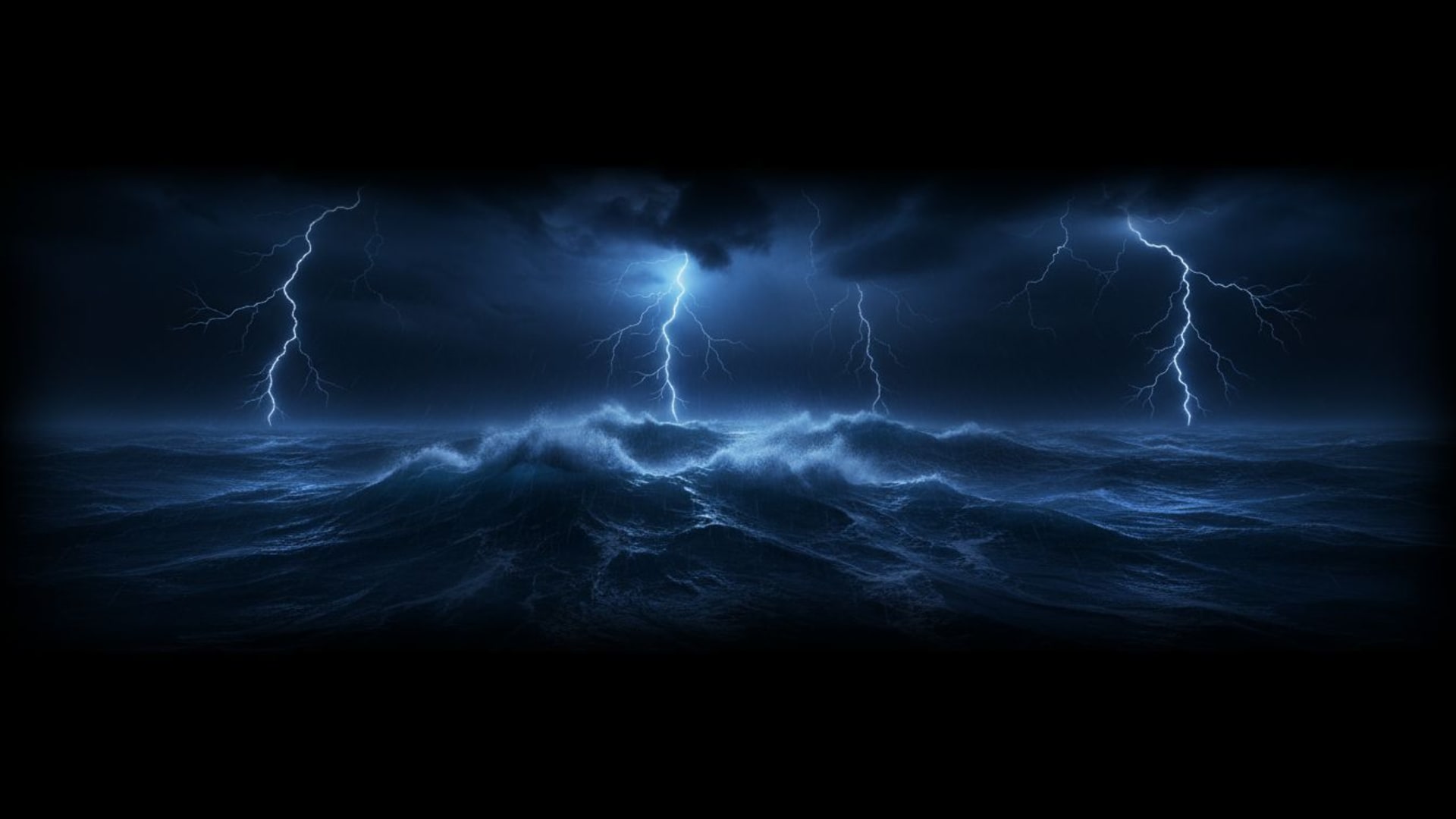 orage nocturne sur la mer océans orageux éclairs tonnerre dégradés de bleu foncé fond ecran