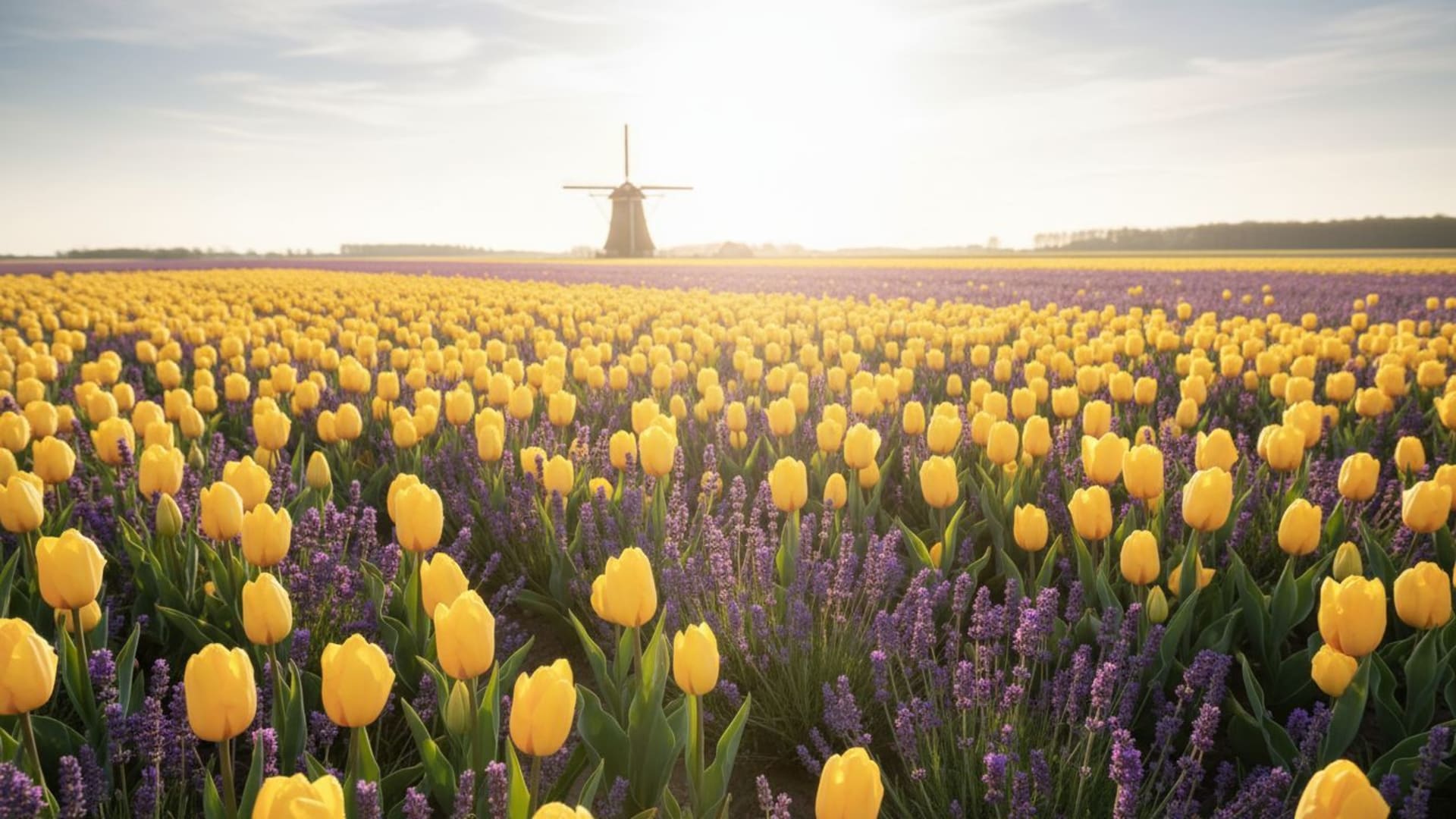 champ de fleurs moulin soleil tulipes jaunes lavande pétales doux fond ecran