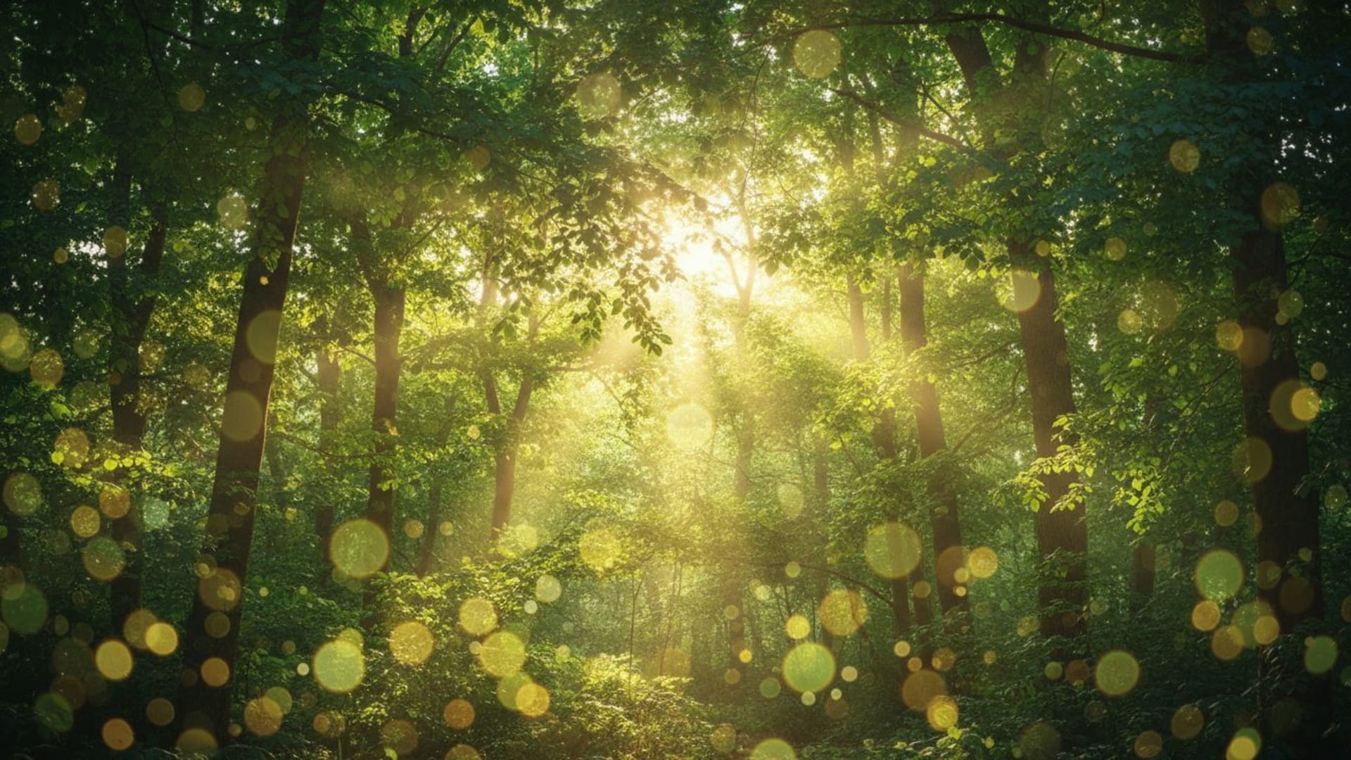 faisceau de lumière du soleil à travers la canopée de la forêt, lumière tachetée, bokeh, tons de vert, fond ecran