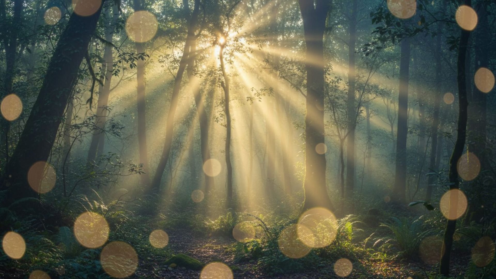 La forêt du matin se pare de brume et de rayons du soleil, le bokeh sur la verdure crée une ambiance zen, une lumière douce et apaisante.