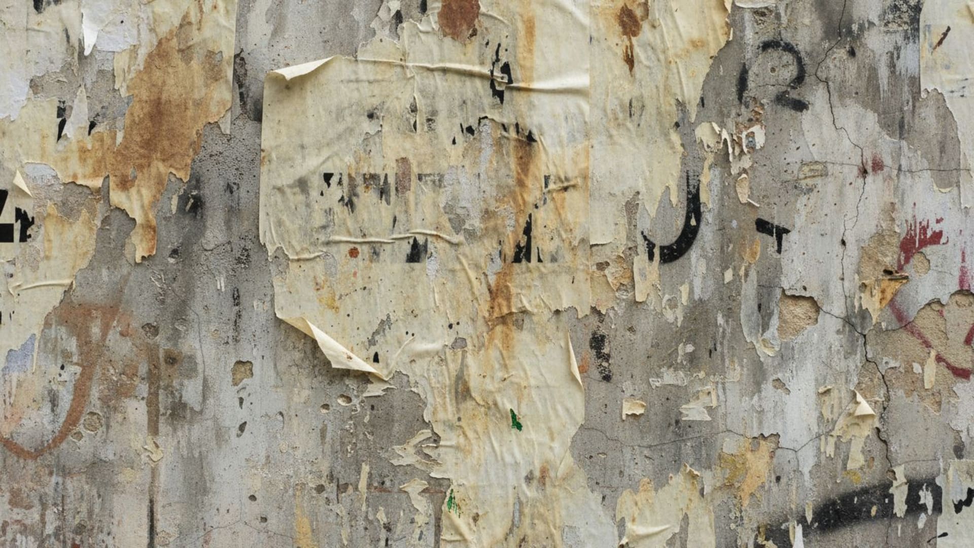 texture mur en béton grunge, taches de papier froissé, fond ecran urbain usé