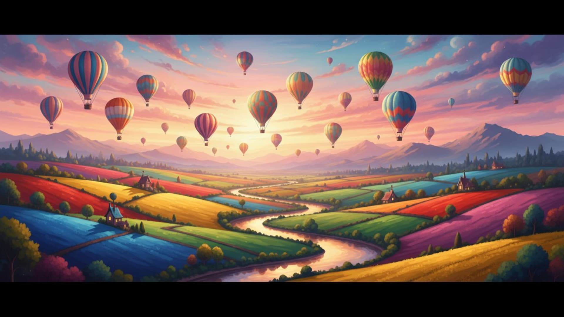 Montgolfières ciel à l'aube champs colorés paysage fantasque fond ecran onirique