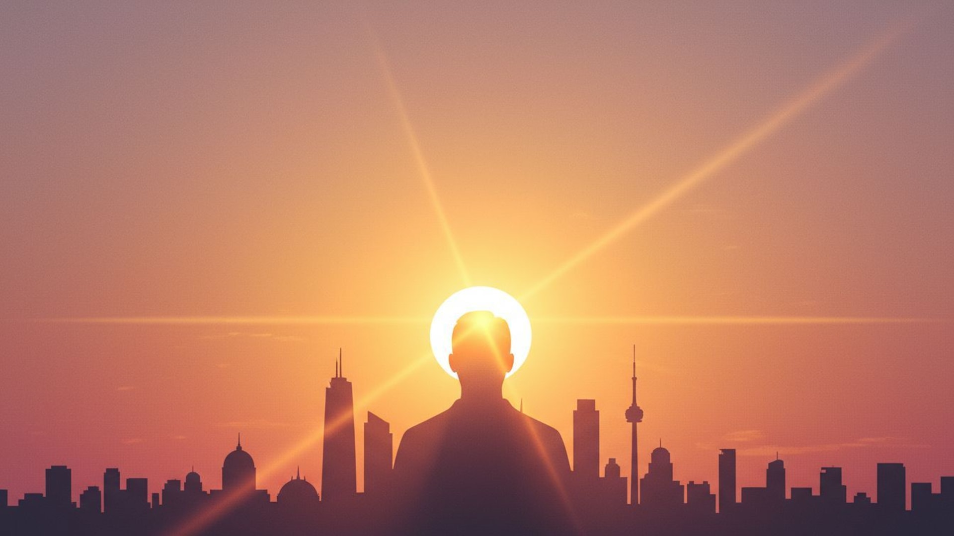 Portrait à l'heure dorée silhouettes horizon de la ville éclat de soleil texture minimaliste fond d'écran