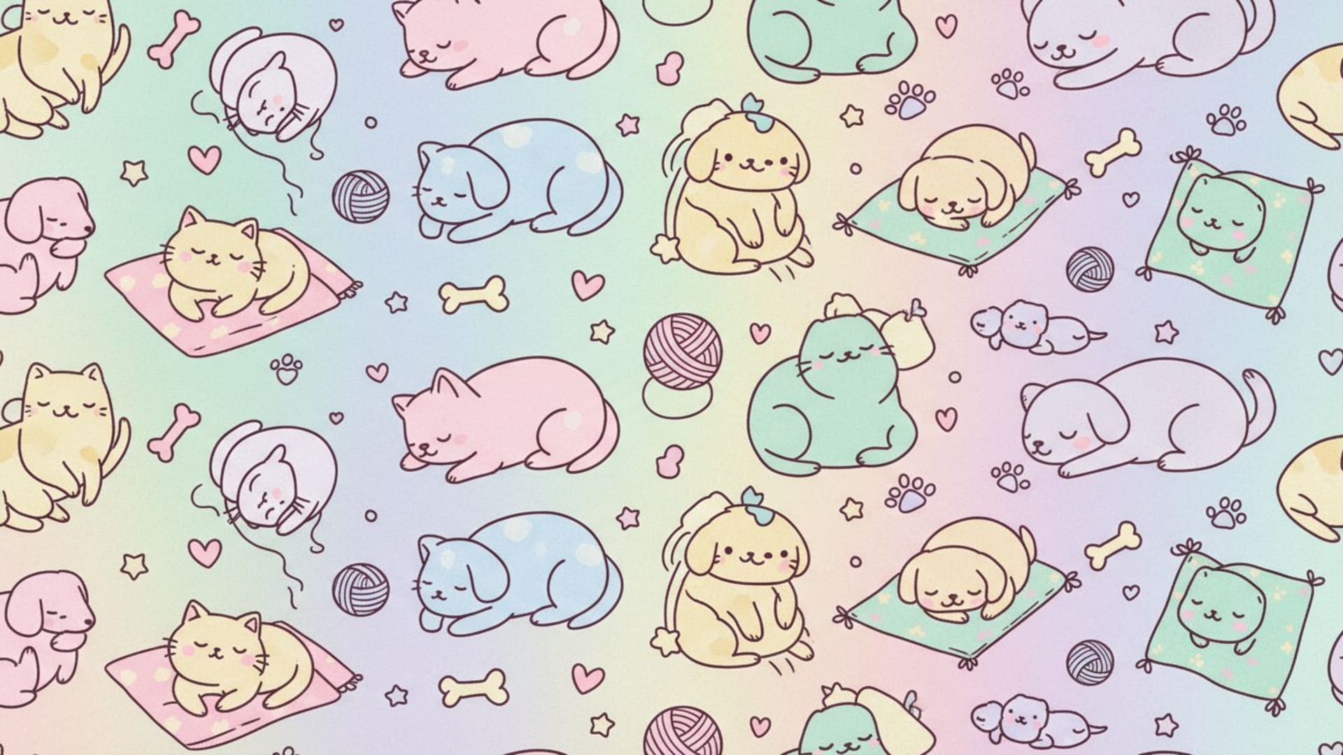 Animaux mignons chat chien dessin animé fond pastel fond ecran confortable