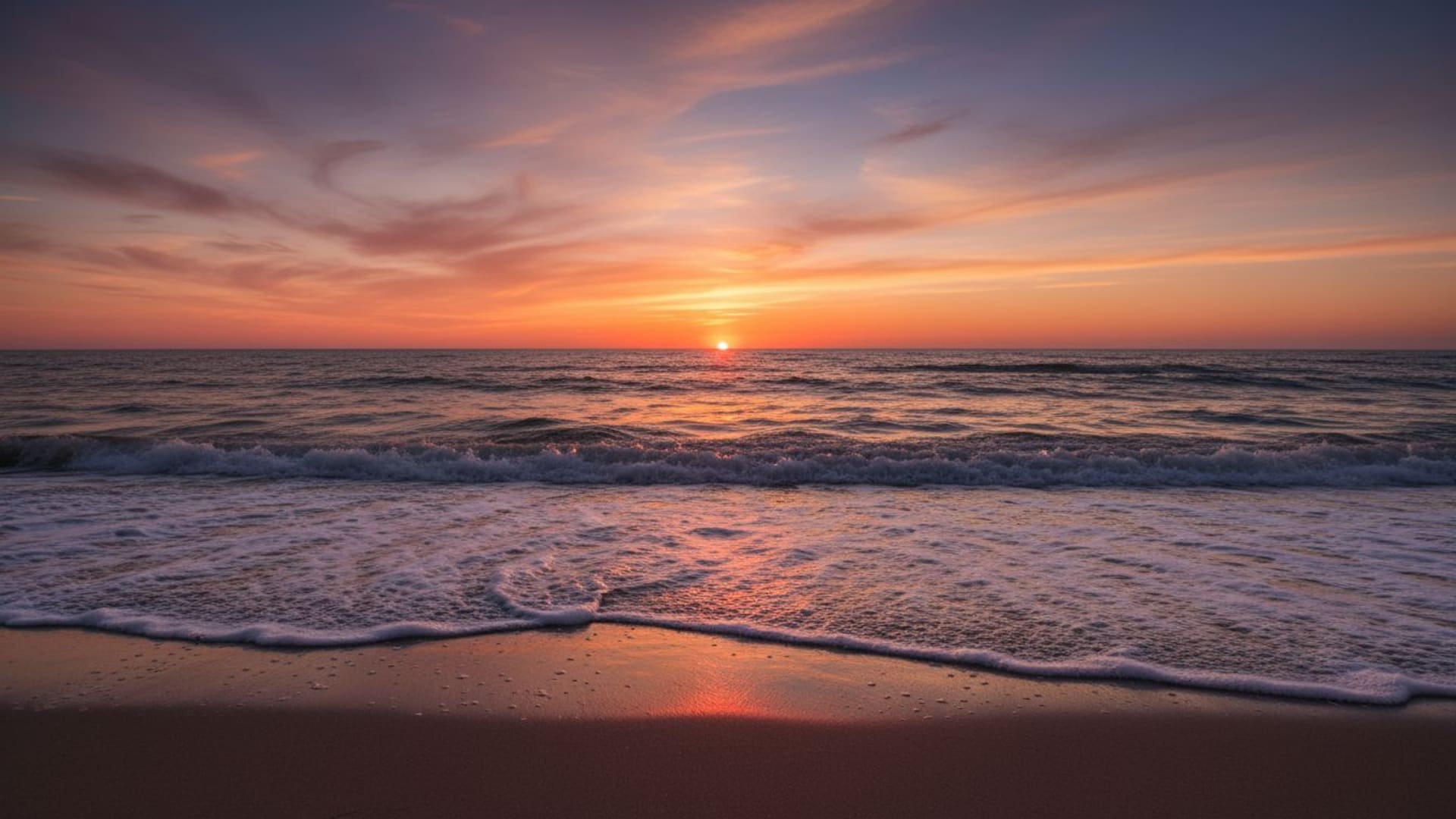 vagues de la côte de mer écume coucher de soleil orange rose violet apaisant fond d'écran