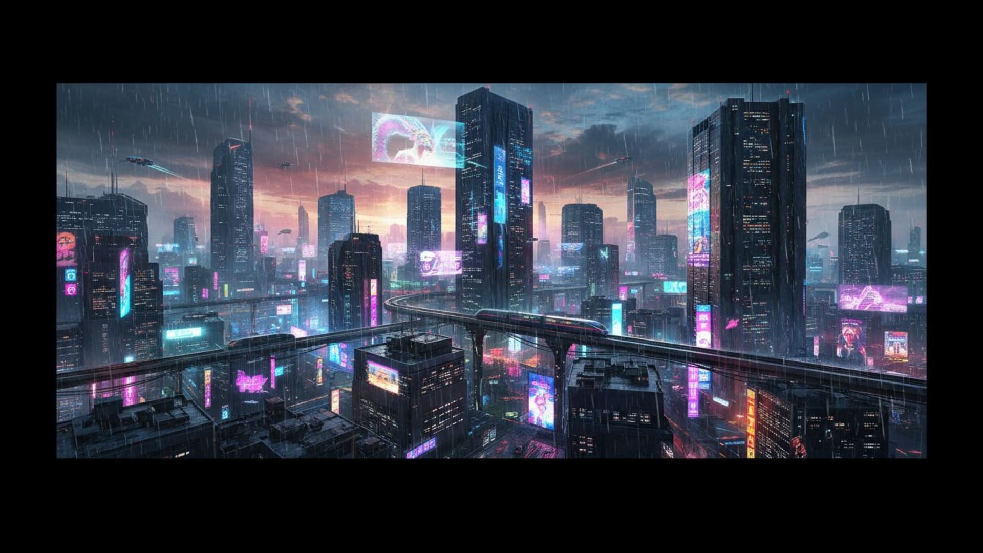paysage urbain cyberpunk néon de nuit lumières pluie reflets skyline futuriste fond d'écran vibrant