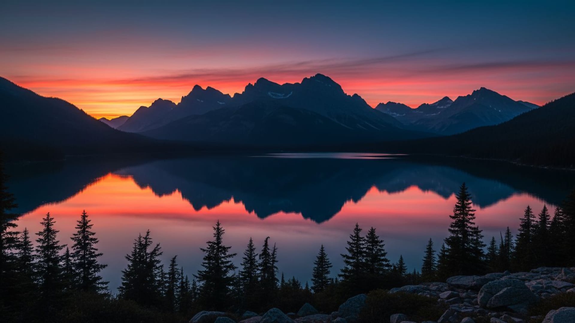 paysage de montagne coucher de soleil silhouette lac tranquille correction de couleur ultranature fond d'écran