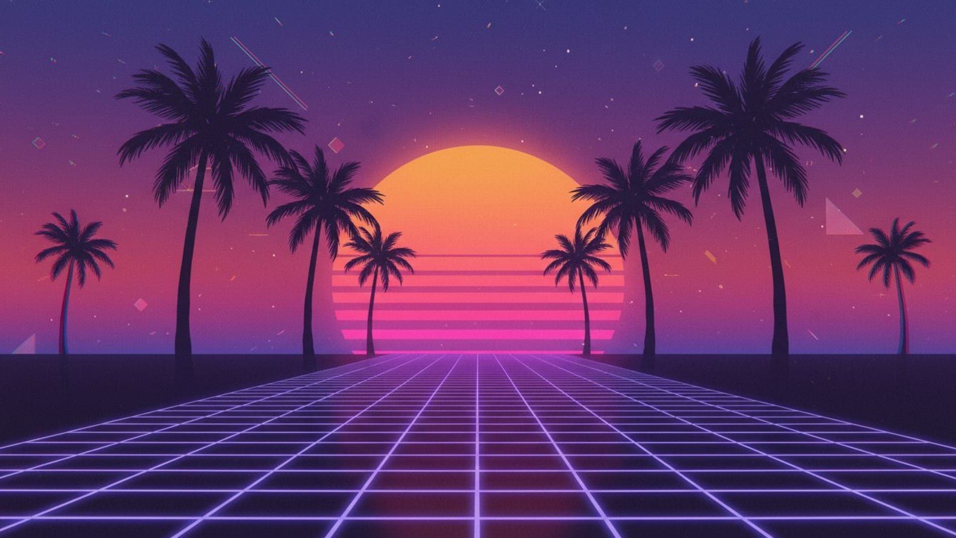 Grille vaporwave rétro coucher de soleil palmiers synthwave des années 80 fond ecran néon grille