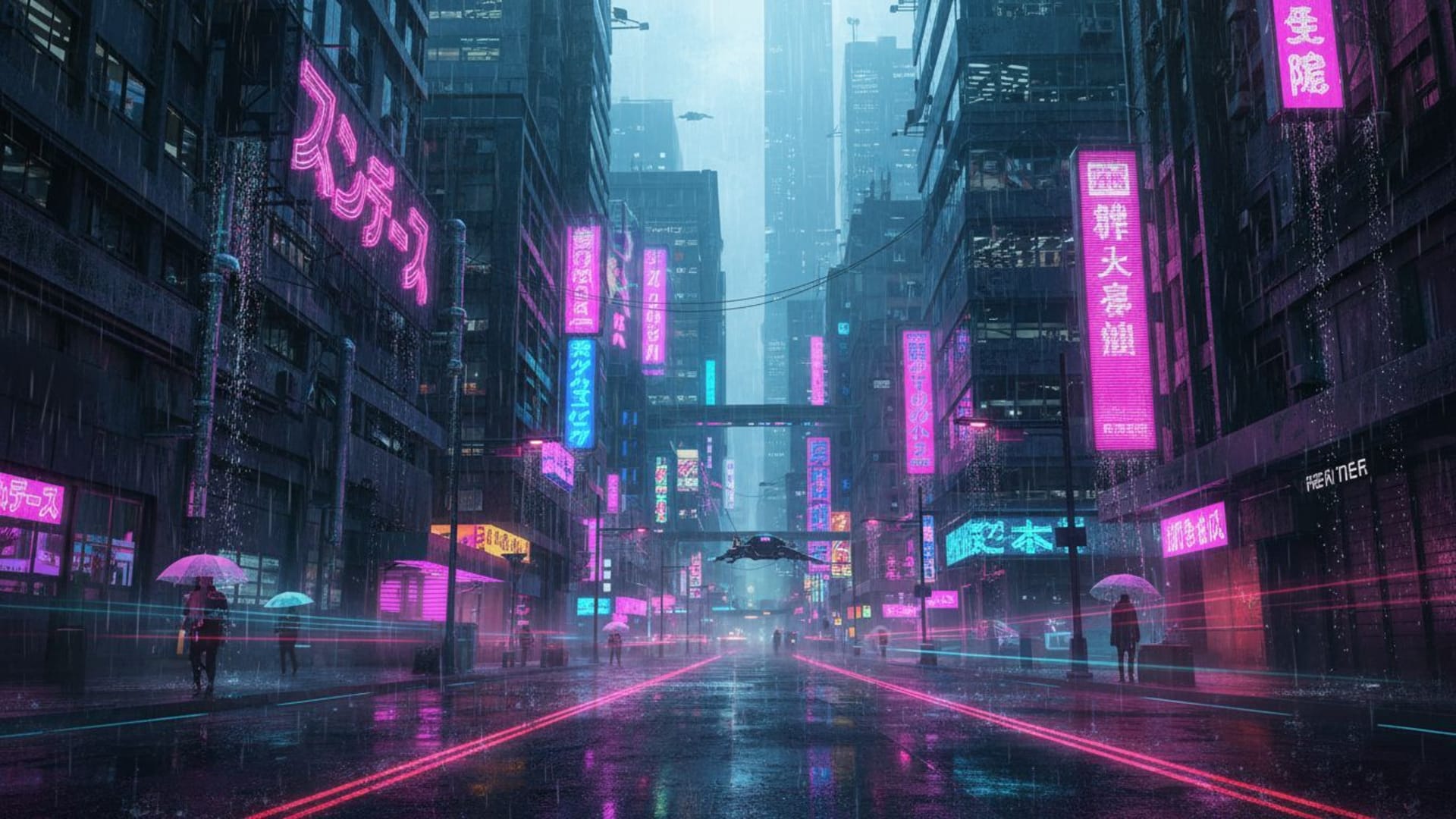cyberpunk rose violet néon pluie trempée enseignes au néon fond ecrane urbain
