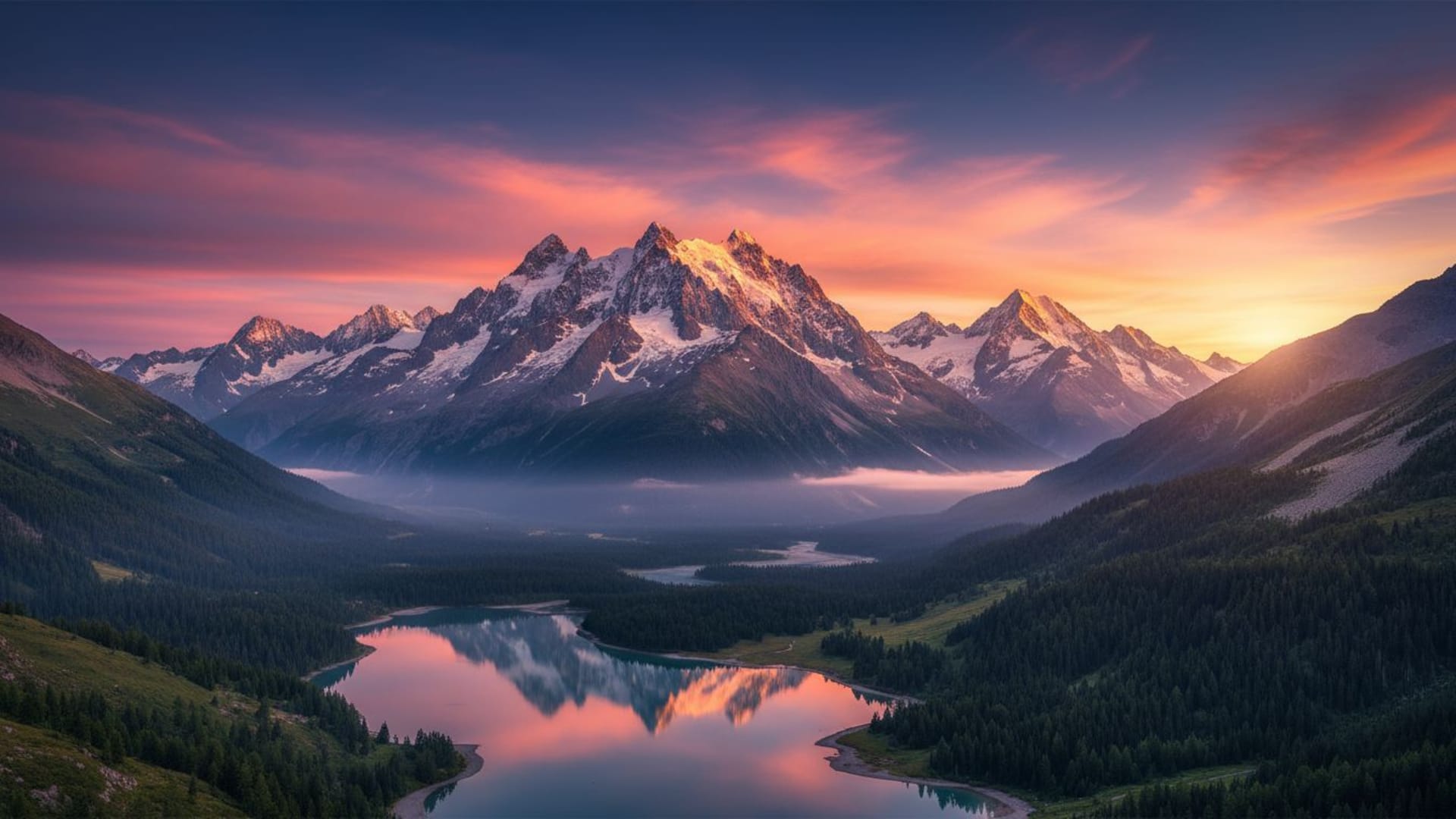 paysage de montagne, ciel dramatique, pics alpins, couleurs de l'aube et détails riches.