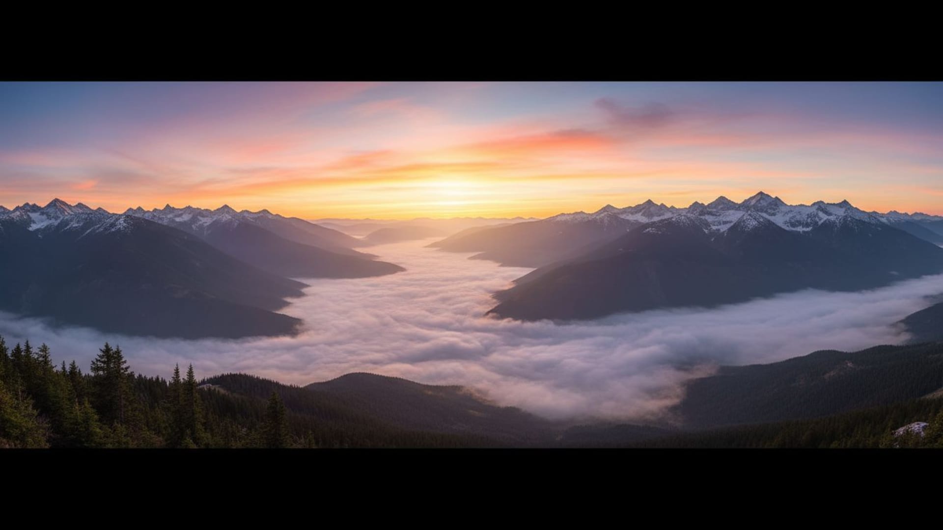 lever du soleil sur des montagnes, brume, vallée, panorama, fond ecran, tranquille, serein, paysage naturel