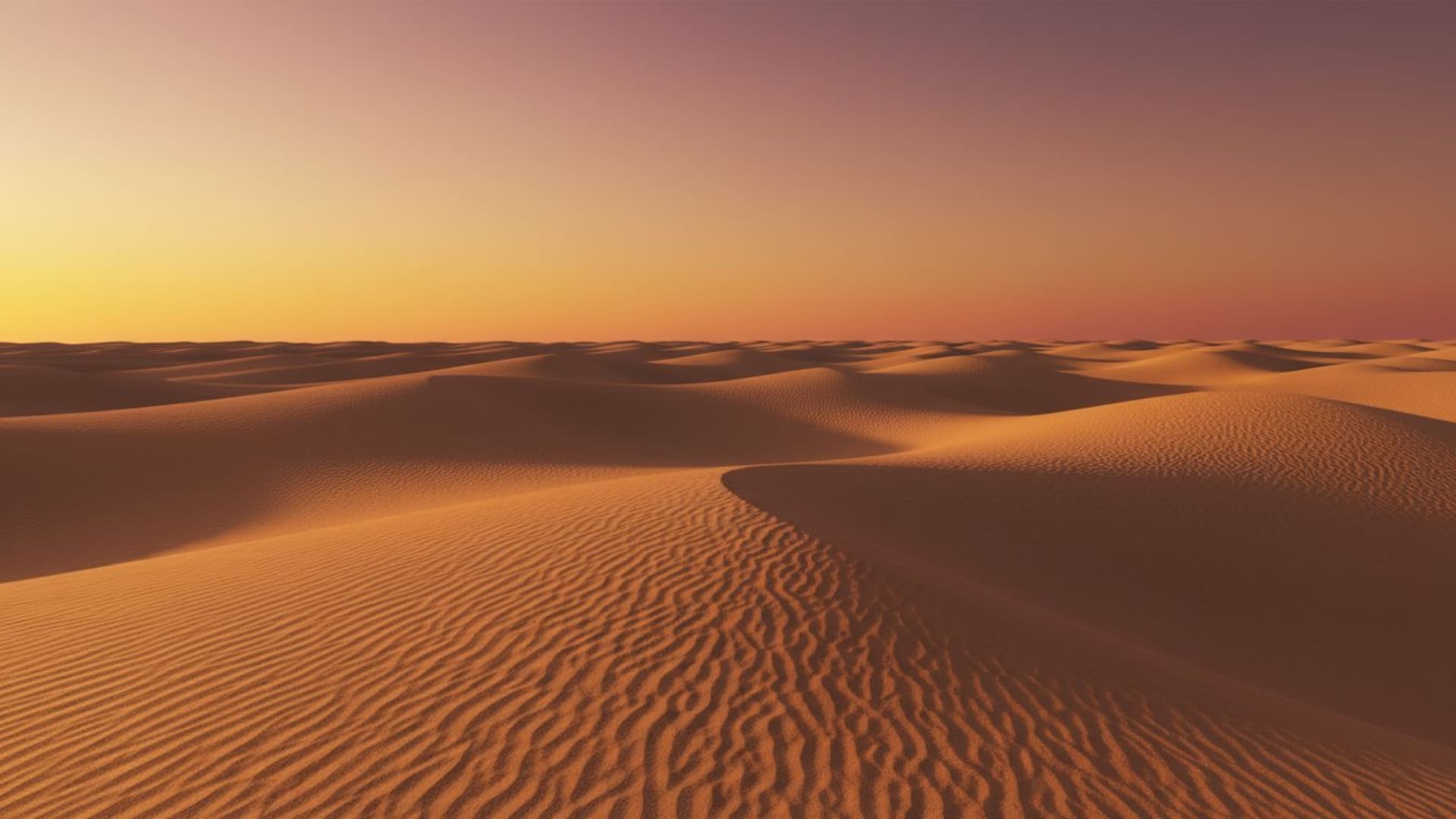 paysage de dunes de sable désertique coucher de soleil ambré chaud fond ecran minimaliste vaste horizon