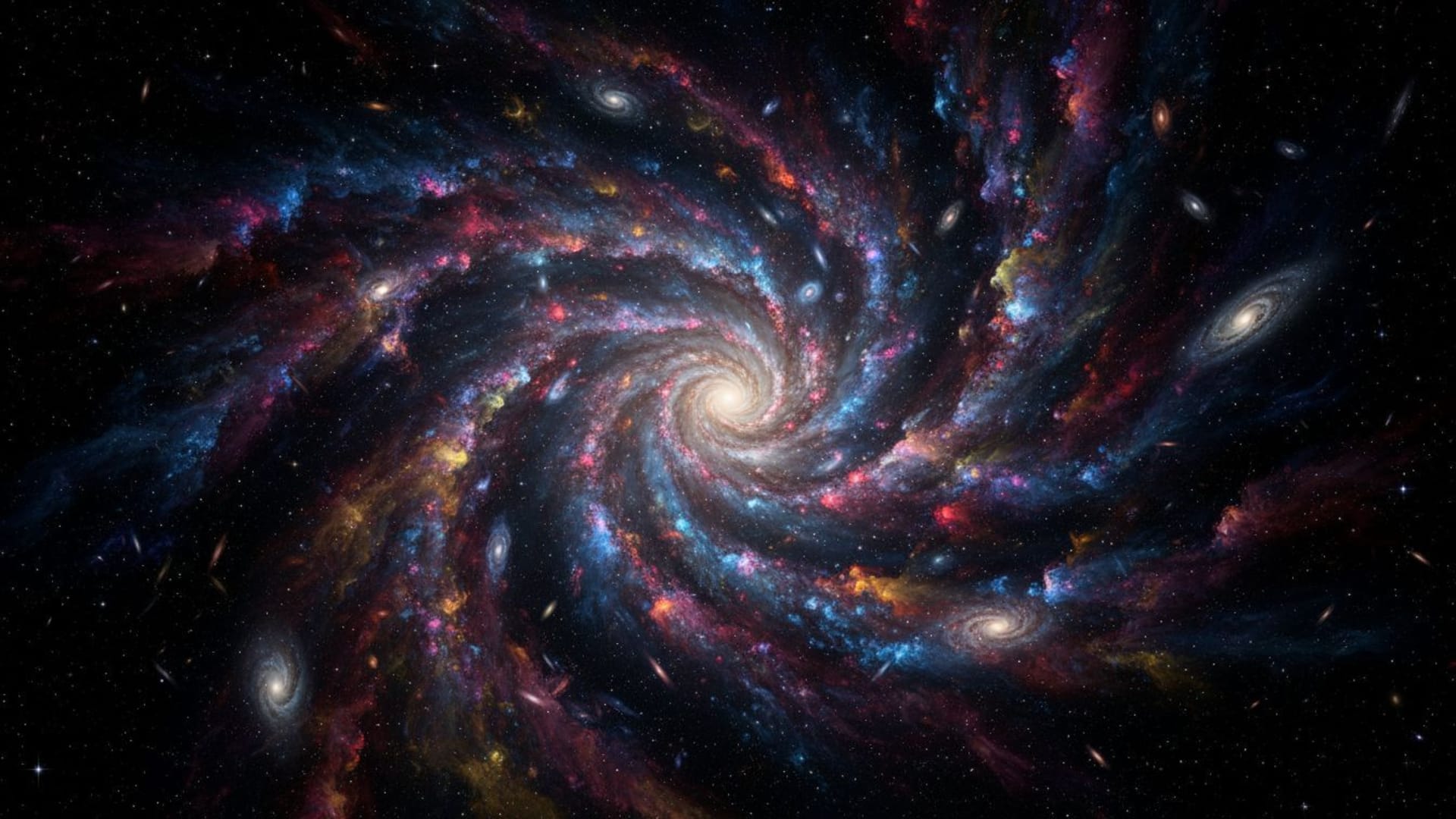 Les galaxies spatiales tourbillonnent dans le vide noir, des particules de poussière colorées, fond ecran de nébuleuses et d'étoiles.