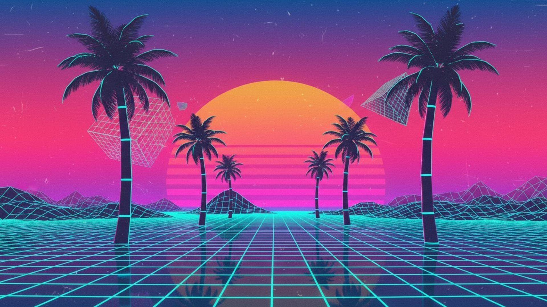 vaporwave rétro grille palmiers coucher de soleil couleurs néon inspirées des années quatre-vingt fond ecran
