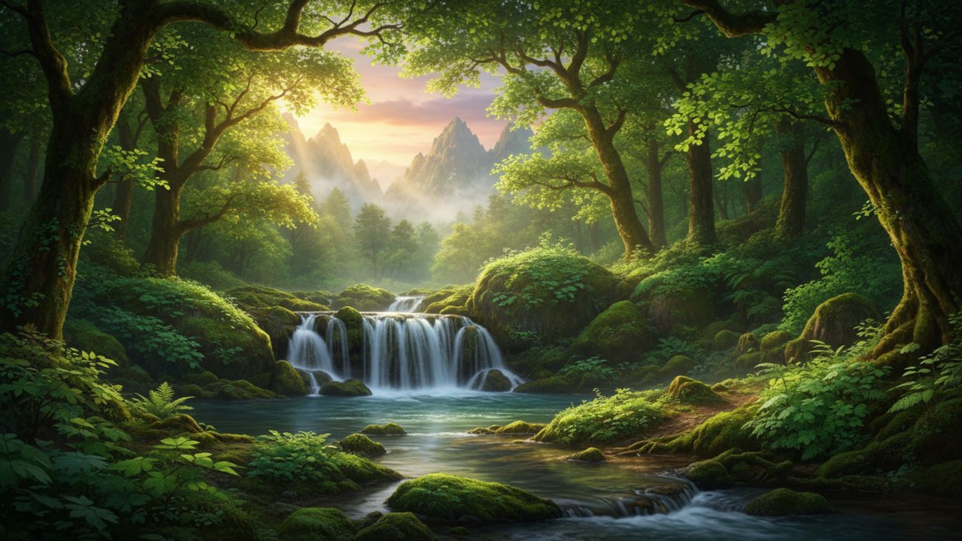 La nature forêt cascade montagnes lever du soleil soleil leave mousse vert émeraude tranquille
