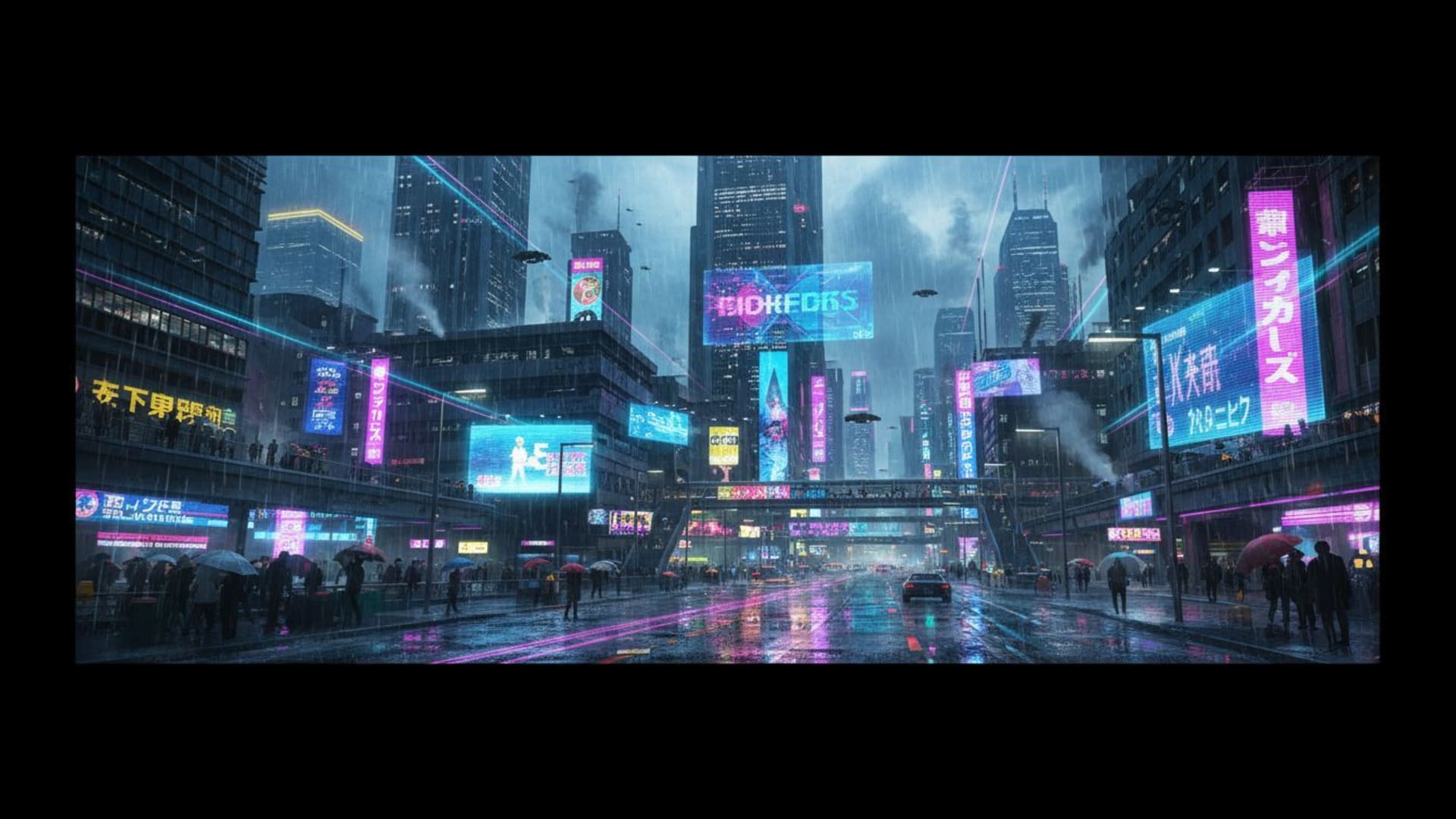 Paysage urbain cyberpunk néon pluie rues mouillées enseignes holographiques éclat minuit