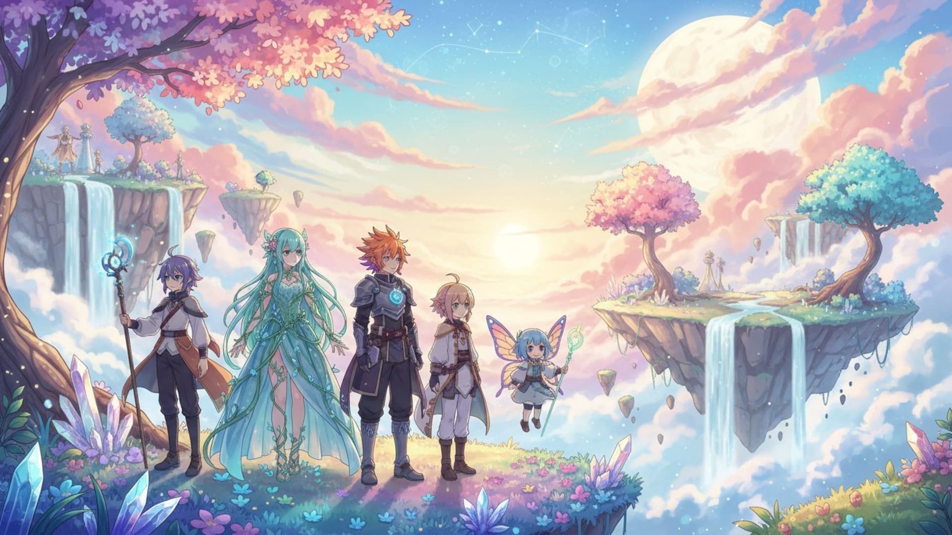 personnages colorés de manga animé paysage vibrant arrière-plan doux ombrage onirique