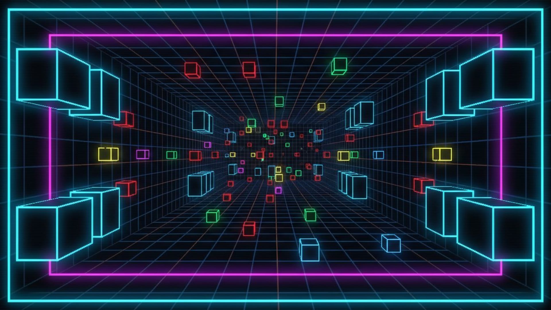 jeu de pixels rétro en art 8 bits cubes grille parallaxe néon bordures
