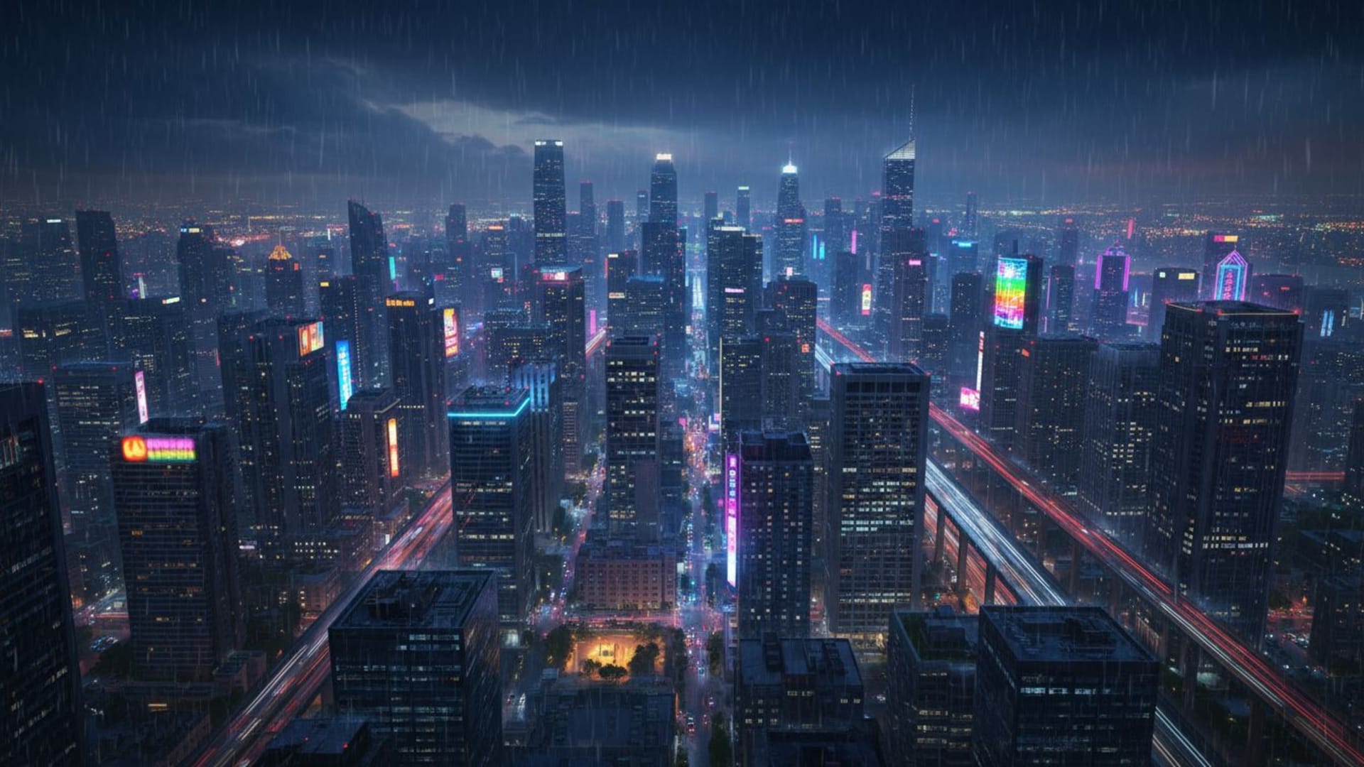 Lumières nocturnes de la ville, horizon urbain, pluie, reflets, lueur néon, fond ecran, art numérique, atmosphère métropolitaine moderne.