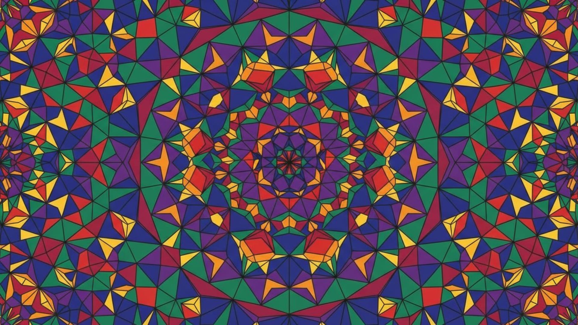 Motifs tessellés de formes géométriques, kaléidoscope, symétrie, couleurs vives, triangles, polyèdres