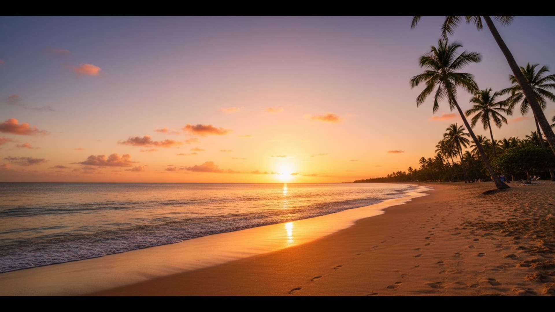 Plage au coucher du soleil palmiers couleurs chaudes heure dorée scène calme