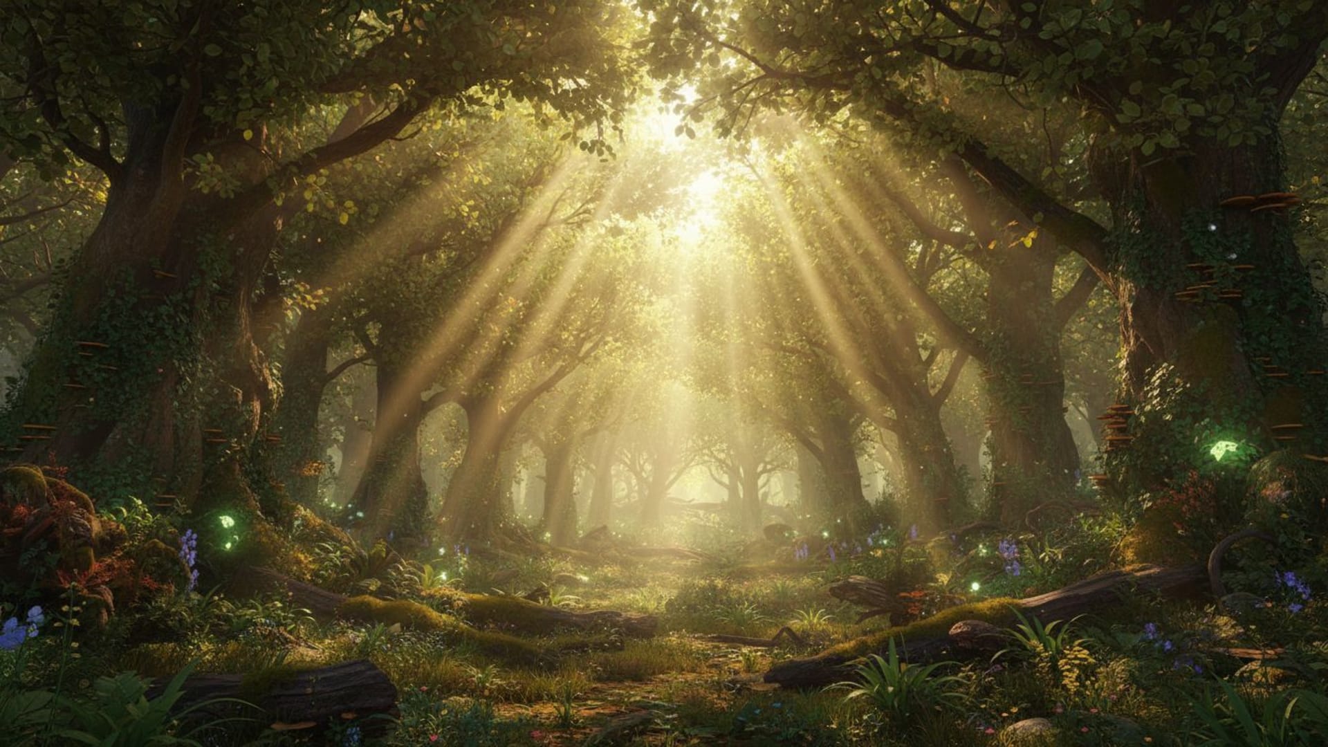Les rayons du soleil traversent la canopée forestière, créant des motifs de lumière magique tachetée.