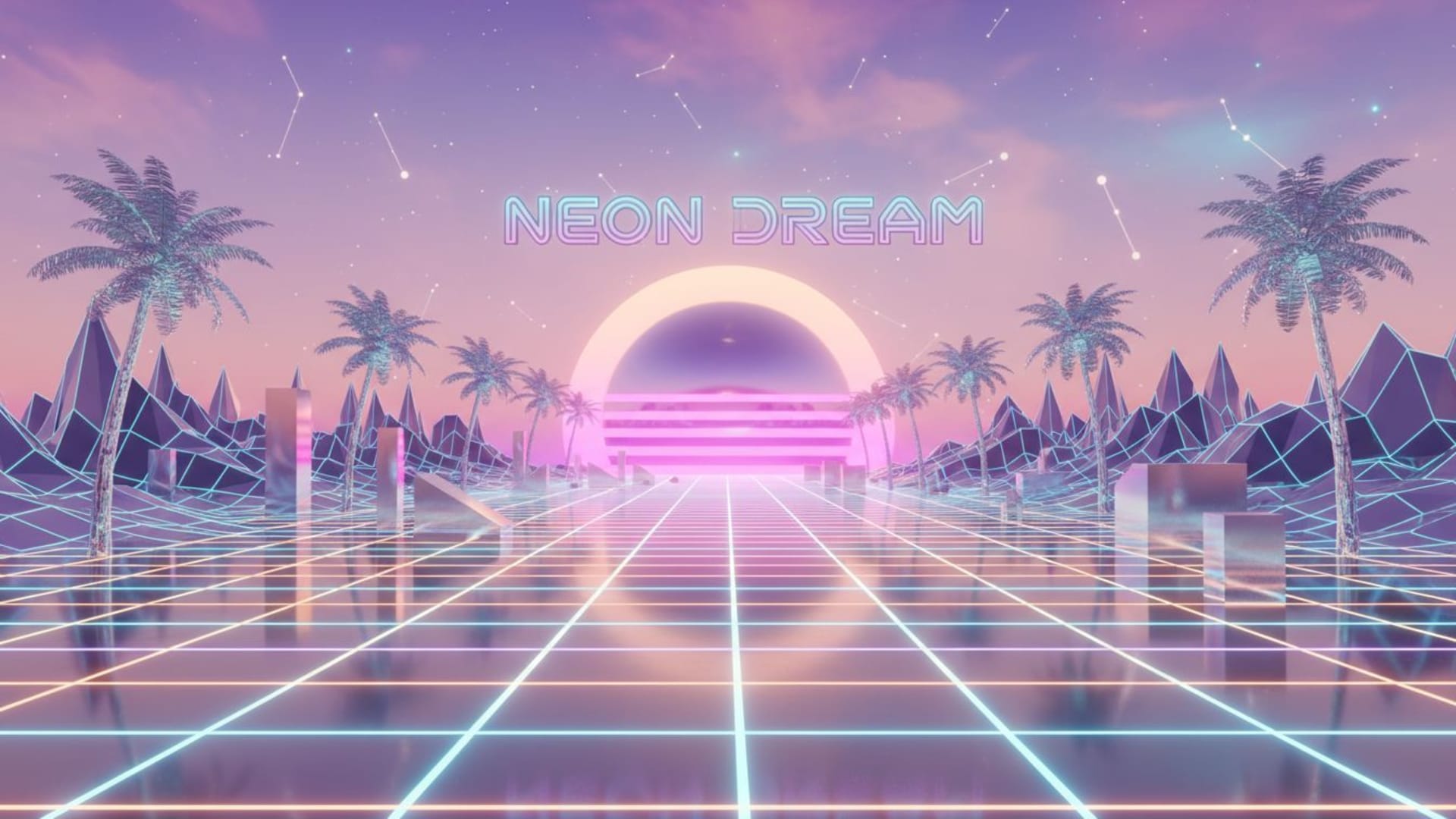 vaporwave pastel grille soleil 3d chrome lueur rétro futurisme esthétique