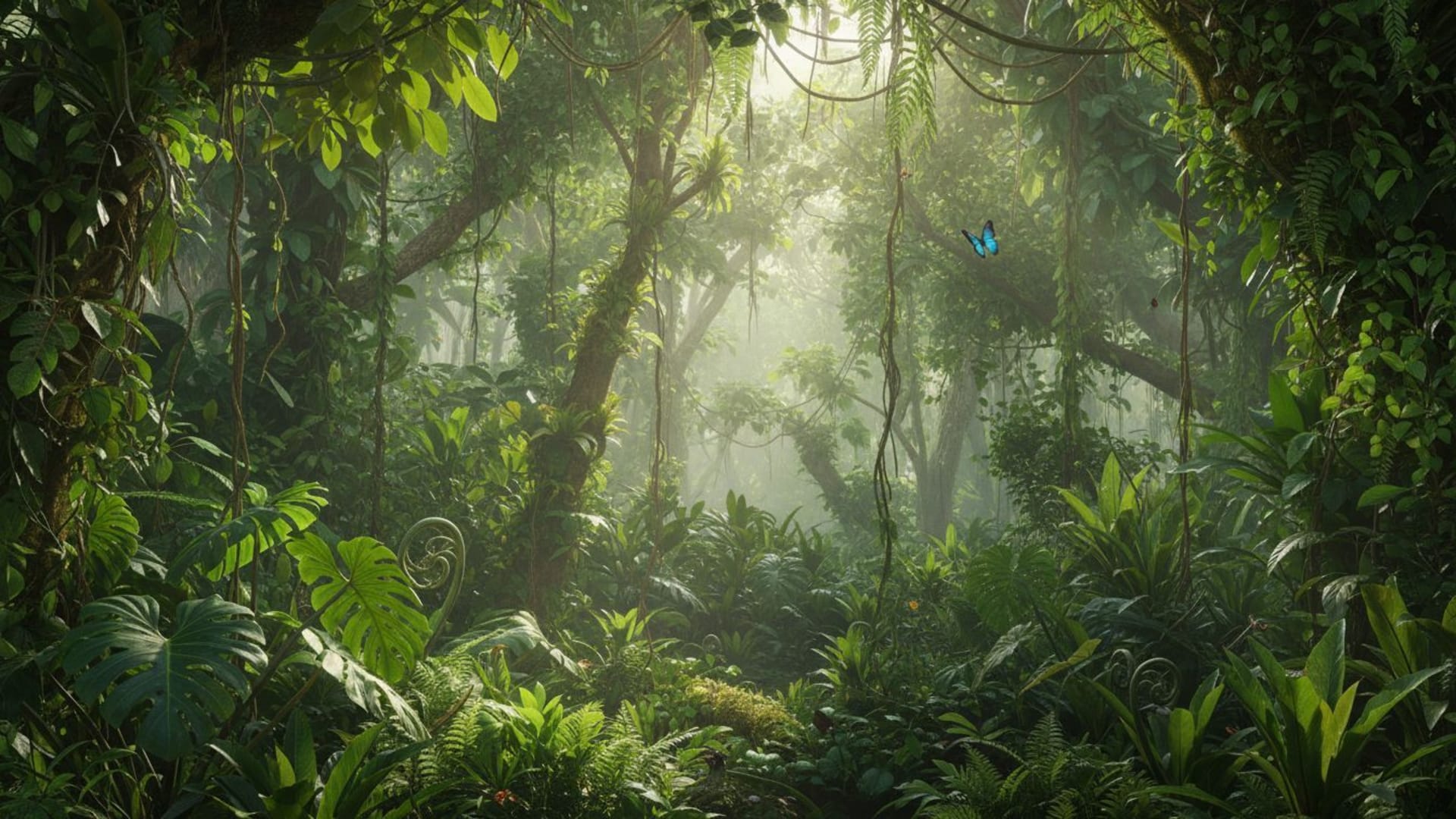 forêt tropicale feuilles soleil lumière émeraude canopée brume biodiversité vert luxuriant