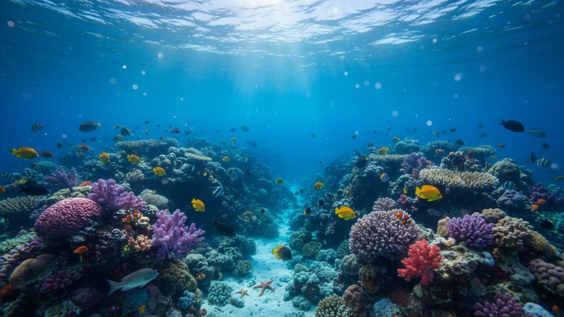 Récif sous-marin, corail, poissons, rayons du soleil, faisceaux lumineux, vie marine tropicale, eau bleue, bokeh.