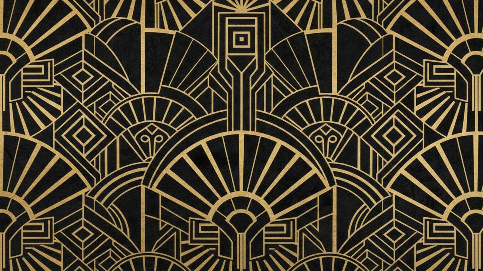Motifs géométriques élégants dans un style art déco avec fan, dorés sur velours noir.