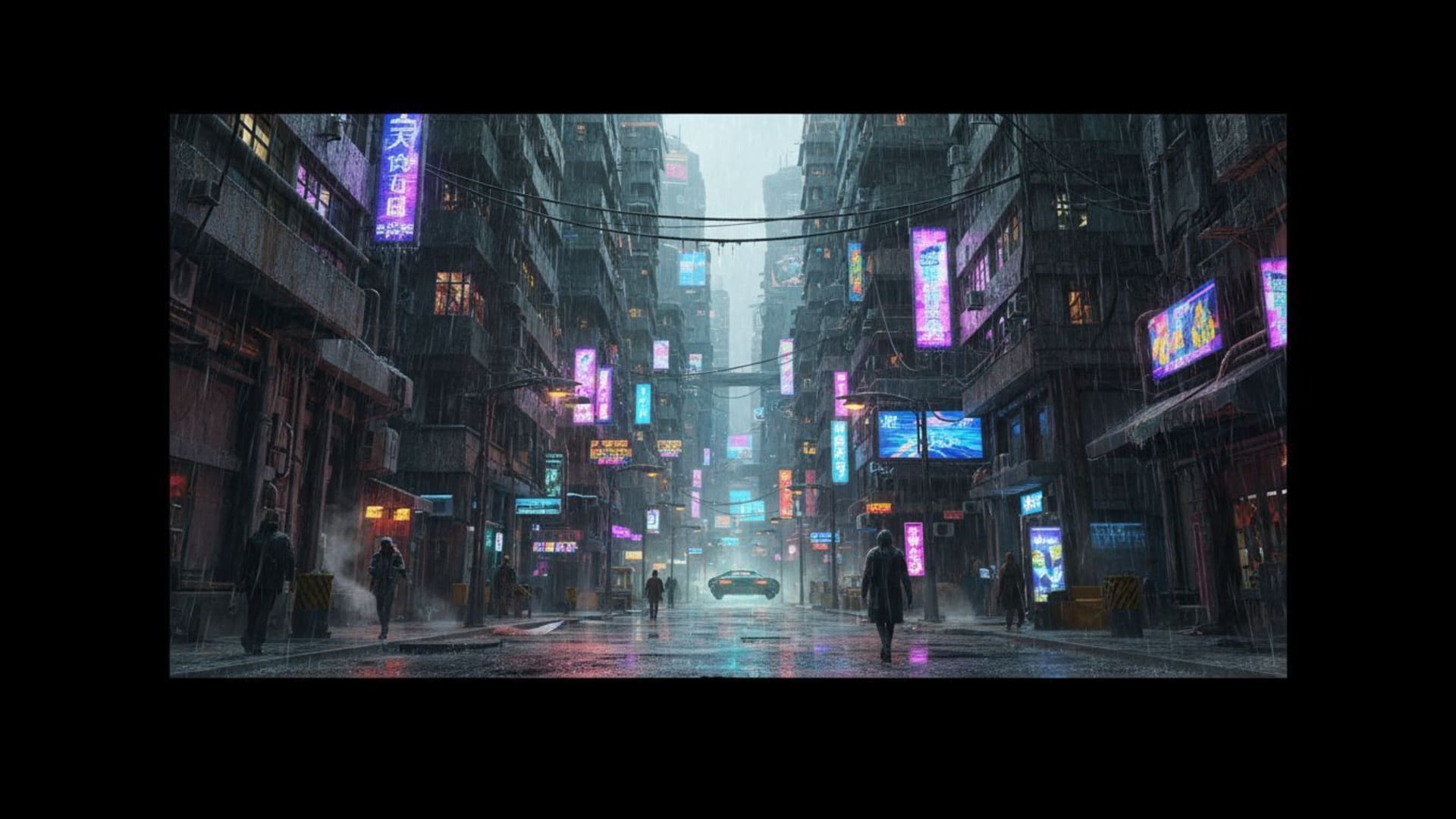 Vibe urbaine sombre et brillante de cyberpunk néon pluie ruelle haute technologie brutale