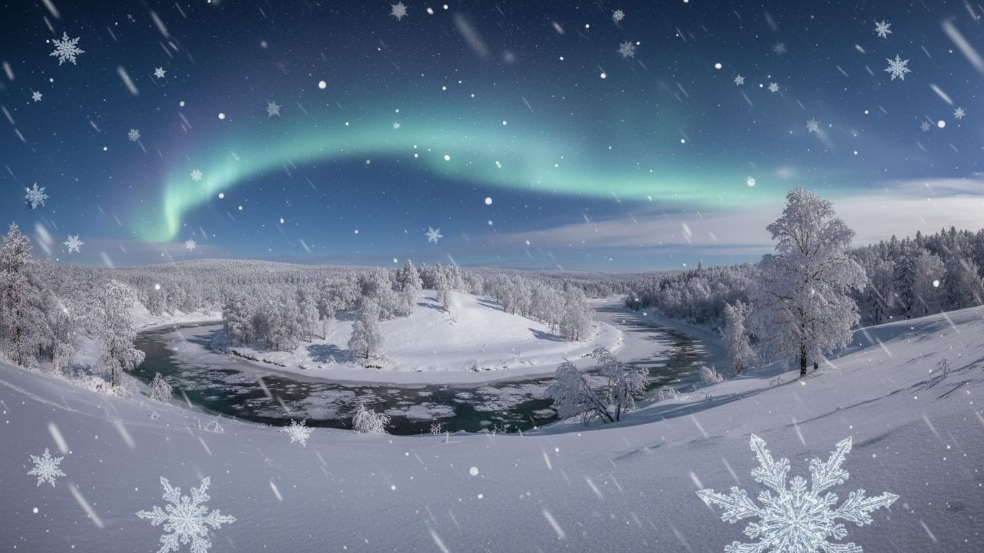 Paysage nocturne paisible d'hiver, flocons de neige, cristaux glacés, froid, calme, tranquille