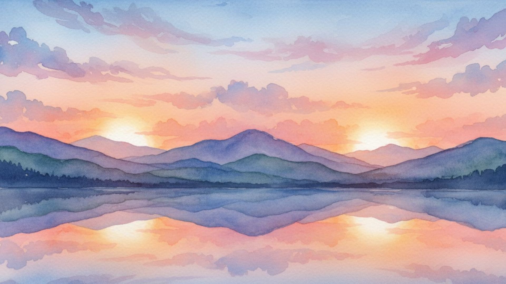 coucher de soleil montagnes aquarelle pastel ciel nuages lever de soleil paysage fond ecran nature tranquille