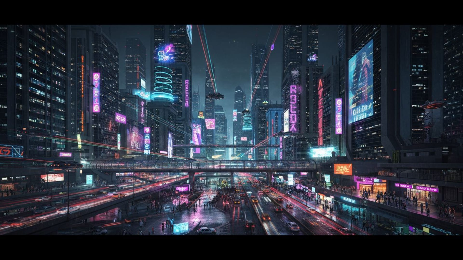 scape urbain futuriste cyberpunk gratte-ciel lumières nocturnes ville lumineuse ambiance fond d'écran