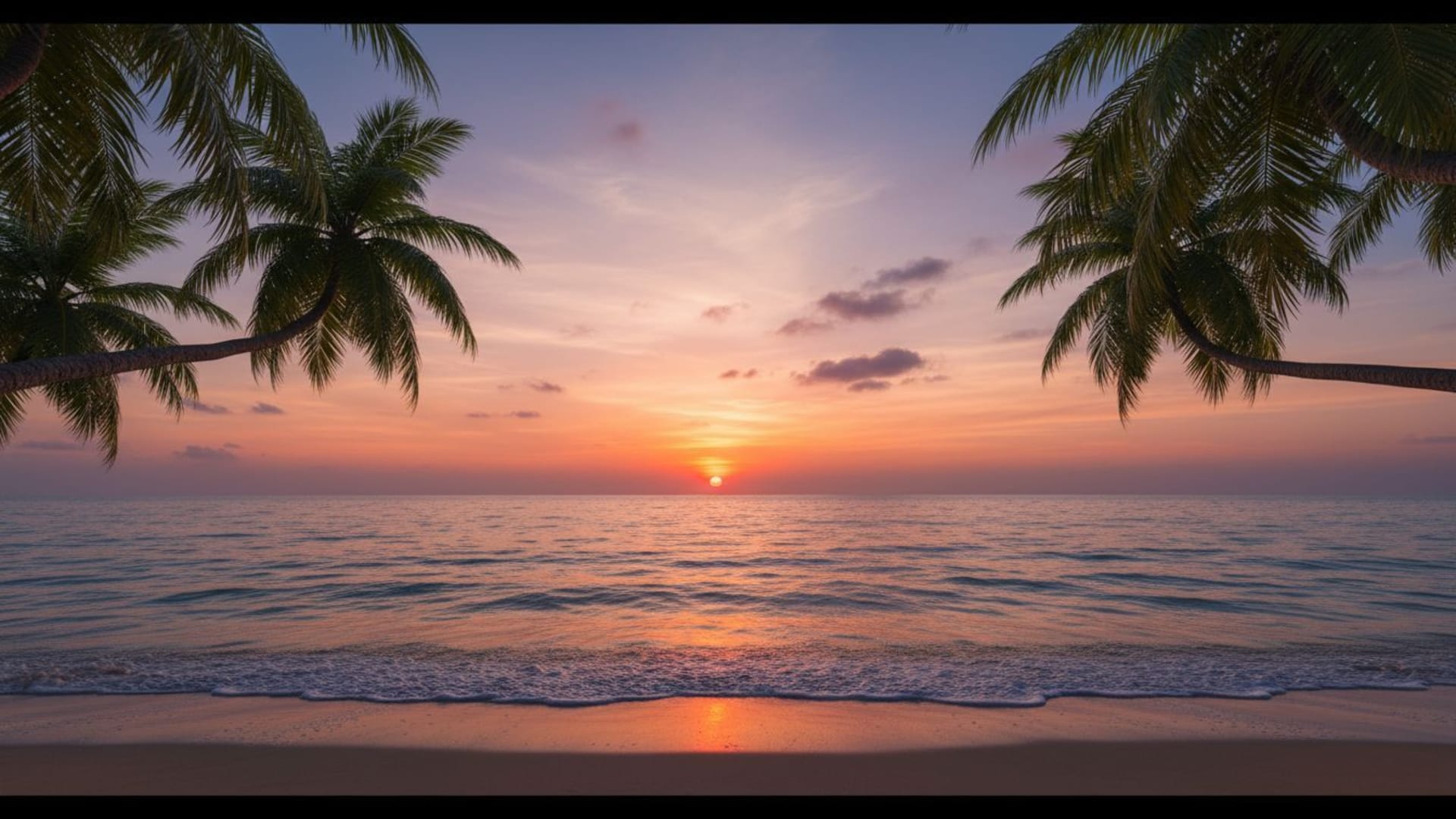plage tropicale palmiers coucher de soleil horizon vagues océan calme fond d'écran