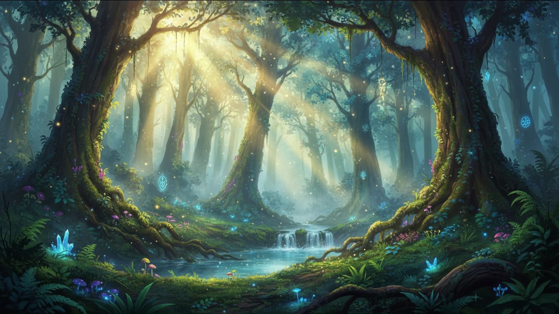 Brume de forêt magique rayons de soleil végétation luxuriante fantasie fond d'écran nature