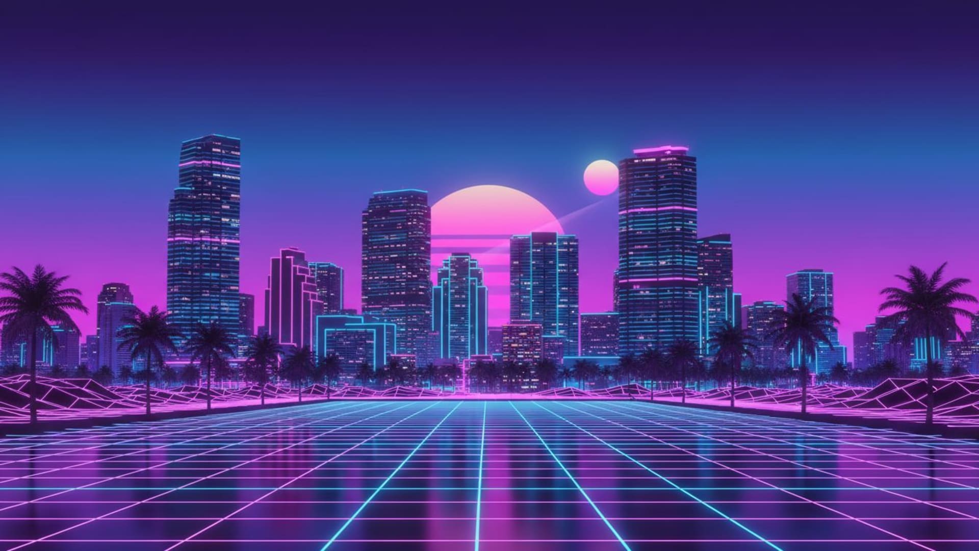 néon vaporwave dégradé de Miami rétro-futuriste palette rose et cyan lueur ville en grille