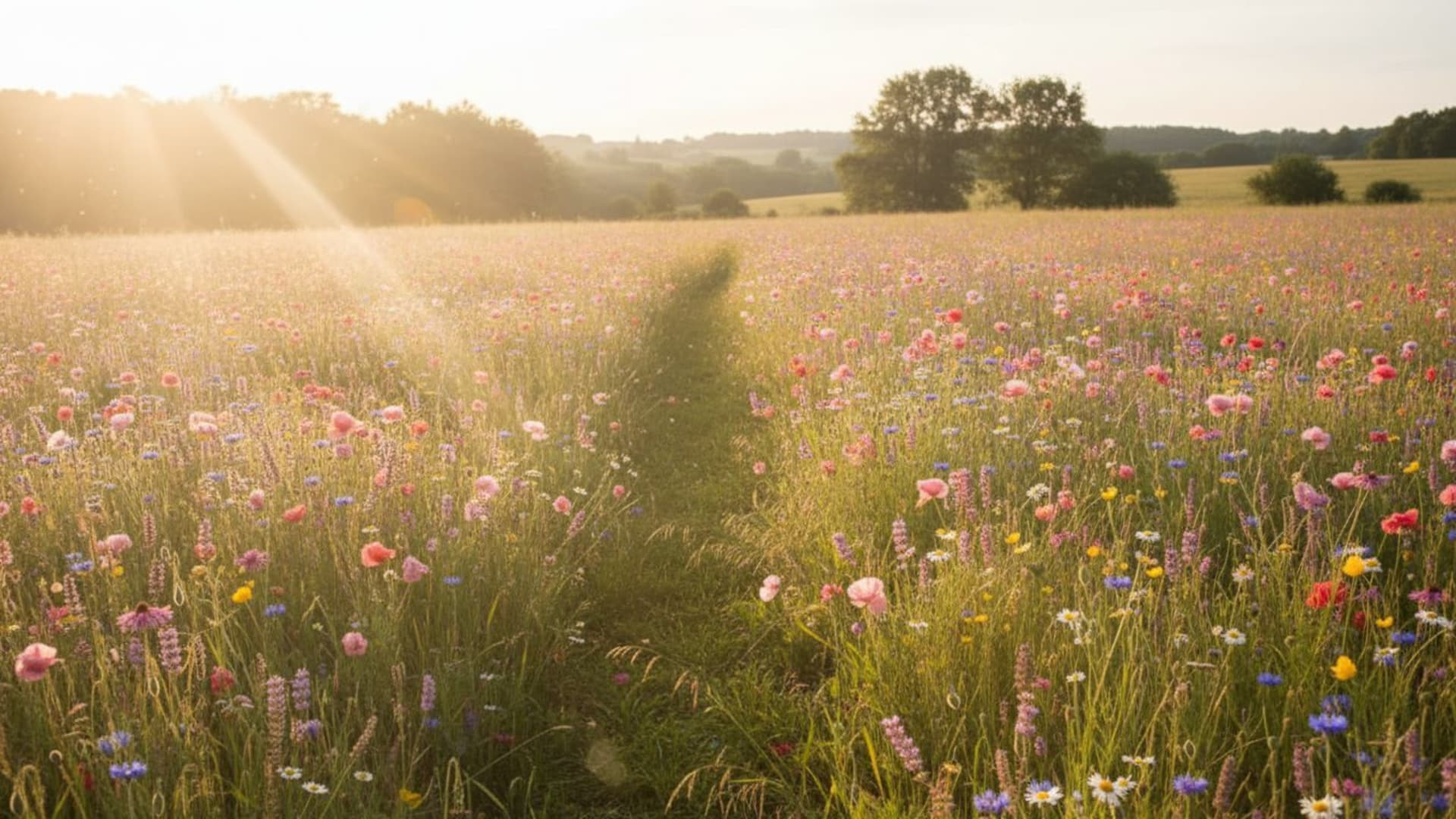 Champ de l'été, fleurs sauvages, brise, lumière du soleil, insouciance, nature, fond ecran, couleurs douces