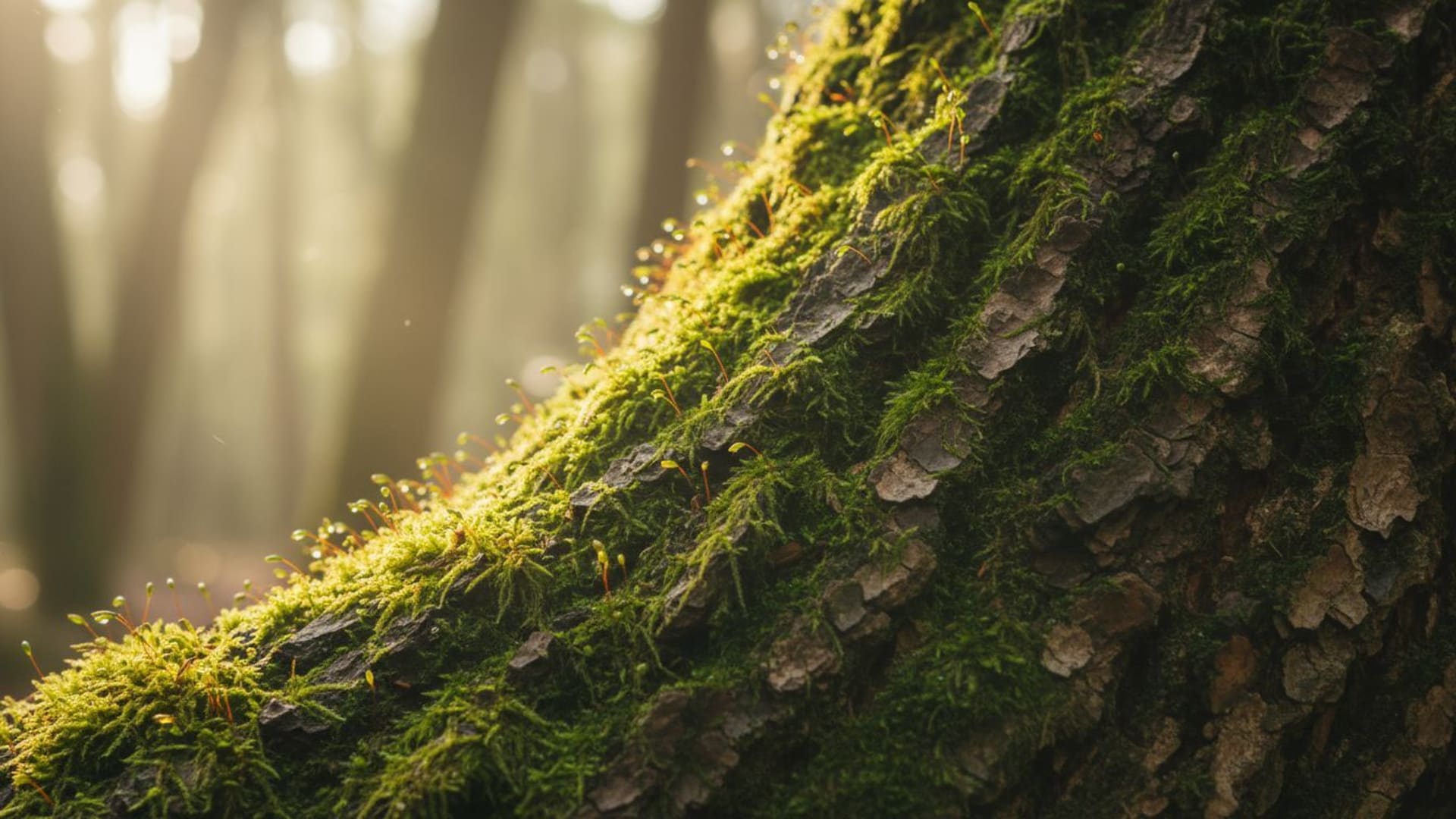 Mousse de forêt lumière du soleil filtre gros plan texture vert fond ecran ton terreux