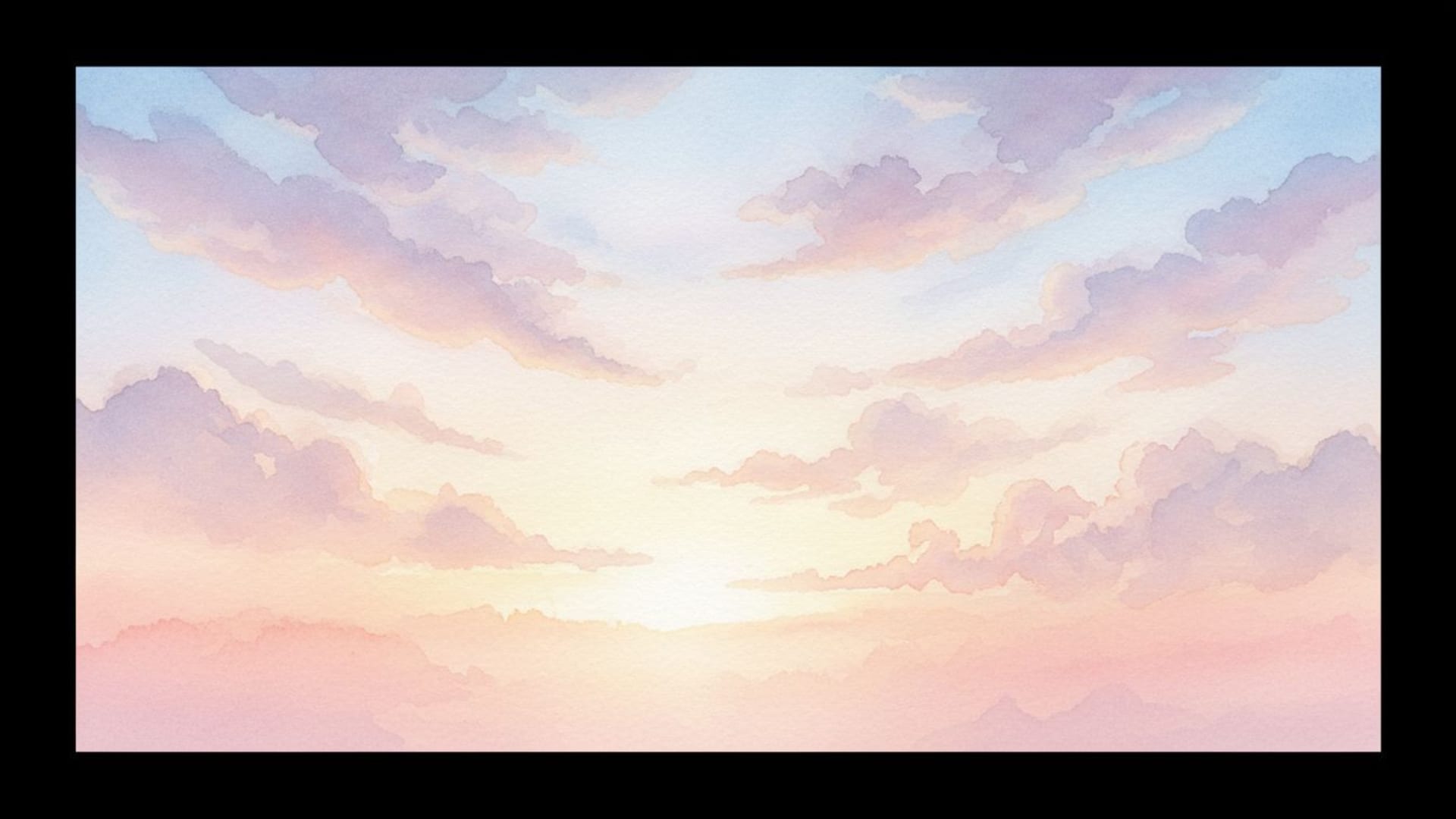 Nuages pastels et lever du soleil sur un ciel aquarelle doux et rêveur, ambiance d’arrière-plan, texture et lumière douces, air léger.