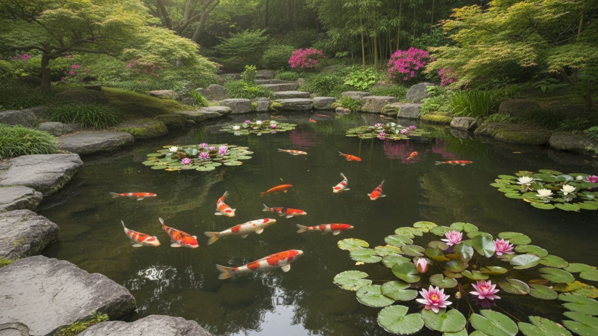 Étang koi poissons nénuphars jardin paisible murale sereine