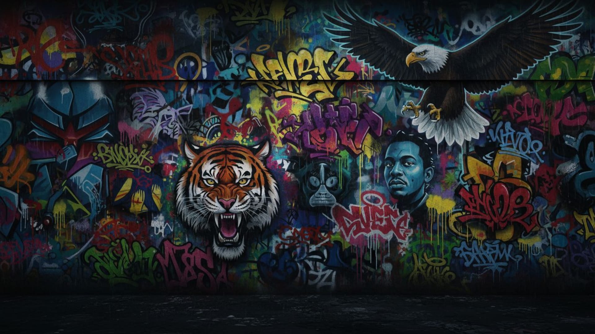 art urbain graffiti murs colorés fond ecran sombre ville vibrante