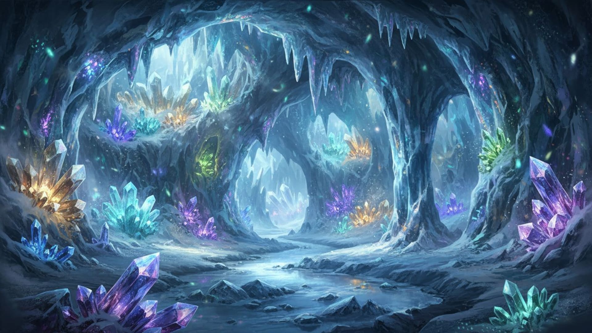 grotte de cristal grotte de glace clairage cristaux scintillants fond ecran royaume magique