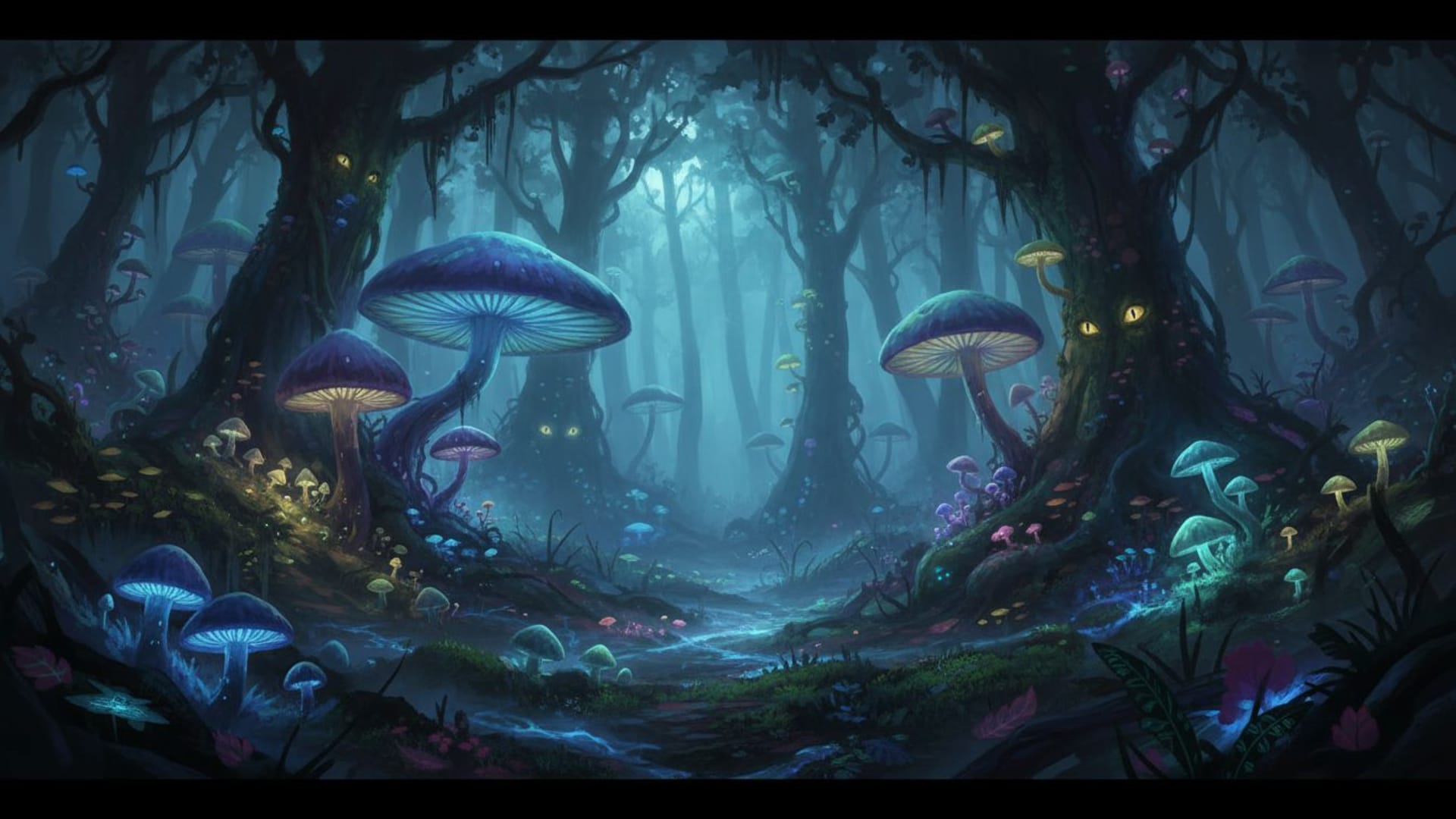 forêt bioluminescente éclairage fongique éclairage nocturne fond ecran clairage mystique yeux