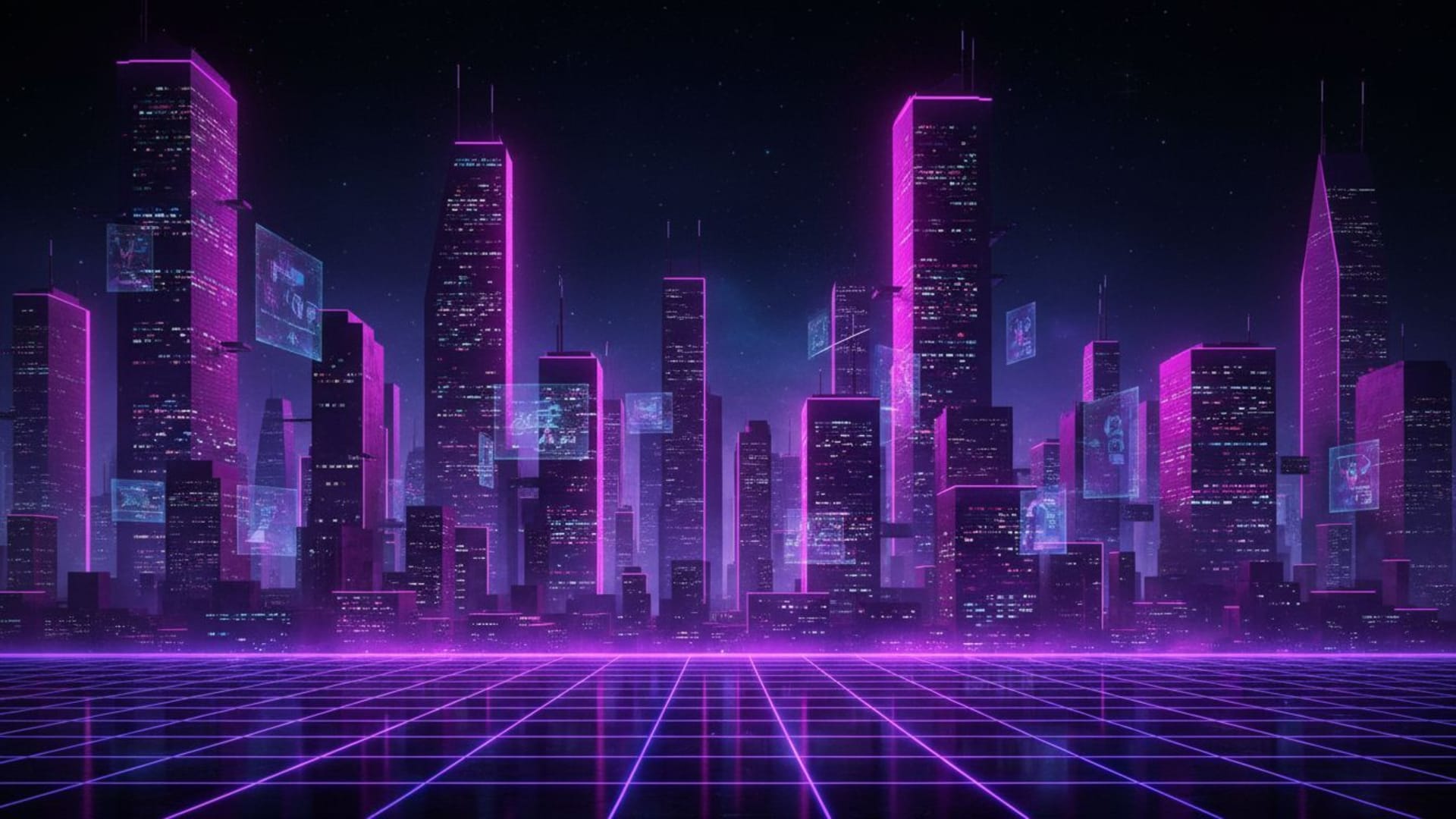 cité néon la nuit dégradé violet rose futuriste fond ecran numérique lueur grille holographique