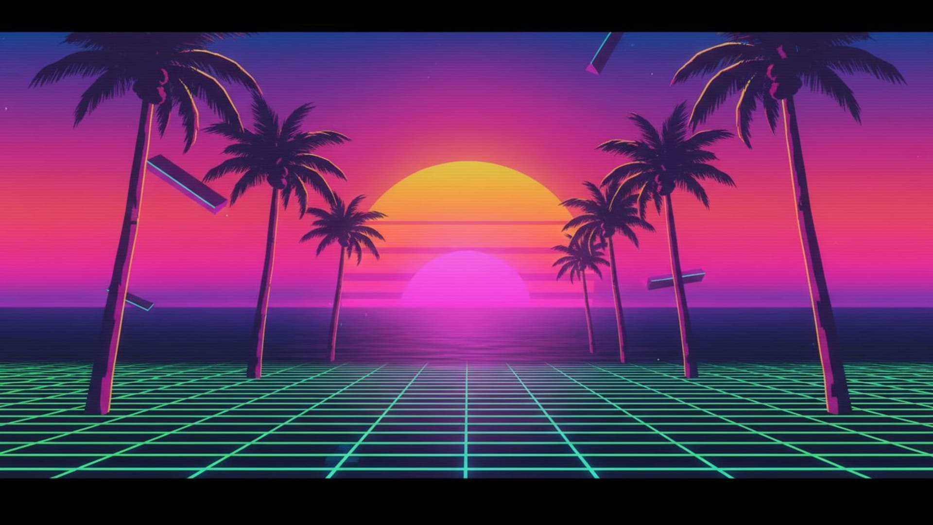 coucher de soleil vaporwave palmiers style rétro dégradé années 80 fond ecran grille néon