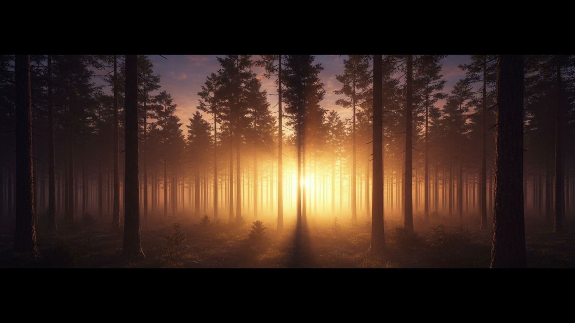 Silhouette de forêt à l'aube au lever du soleil rayons de soleil nature fond d'écran paisible calme