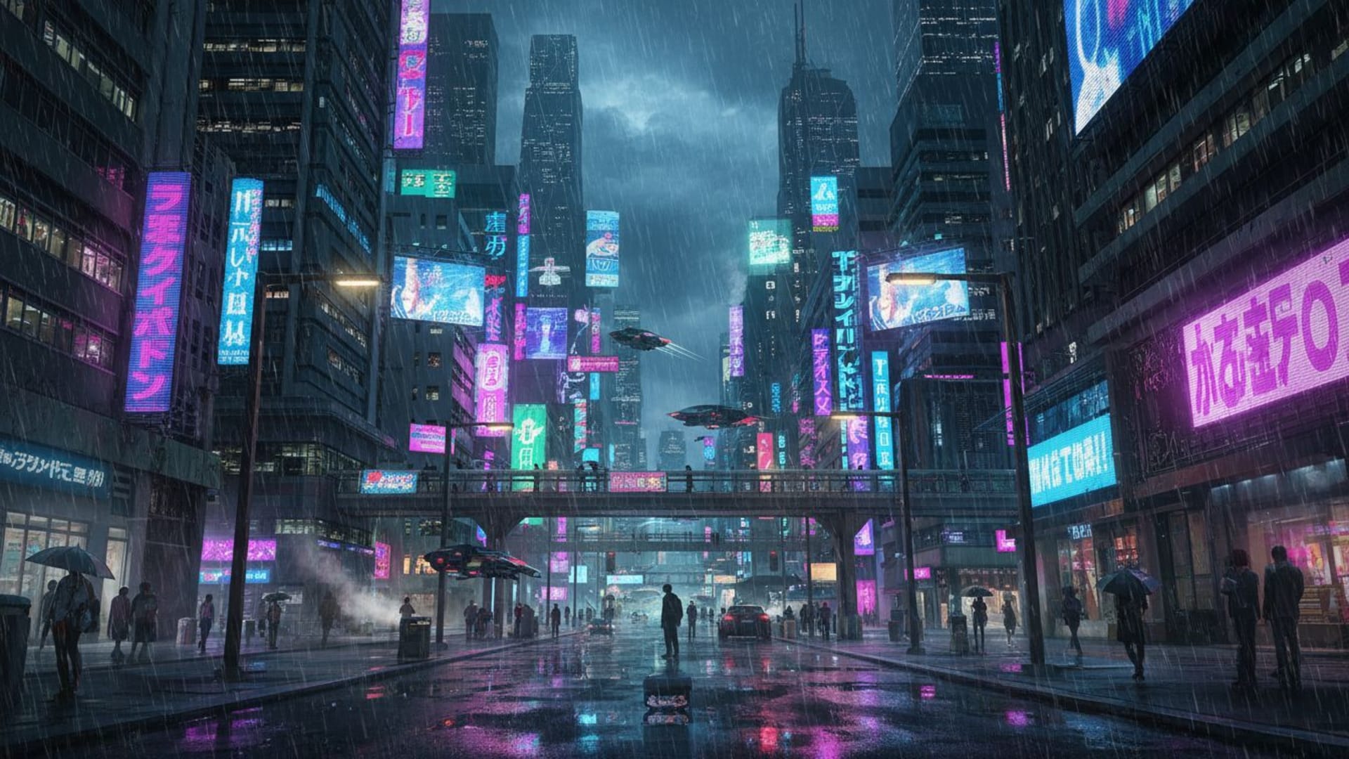 ville cyberpunk nuit pluie reflets enseignes néon futuriste fond ecran urbain éclat