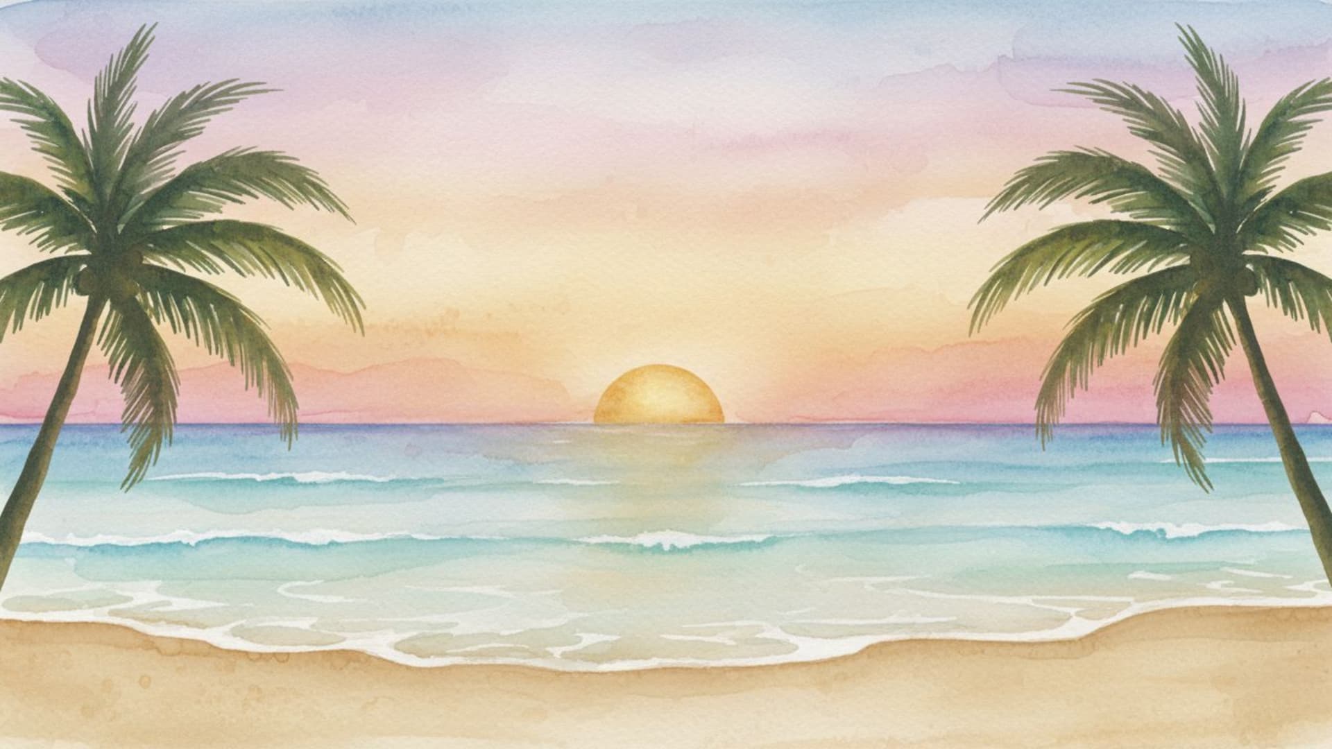 Dégradé de coucher de soleil en aquarelle avec des vagues de plage, des feuilles de palmier tropicales, fond d'écran doux, horizon doré
