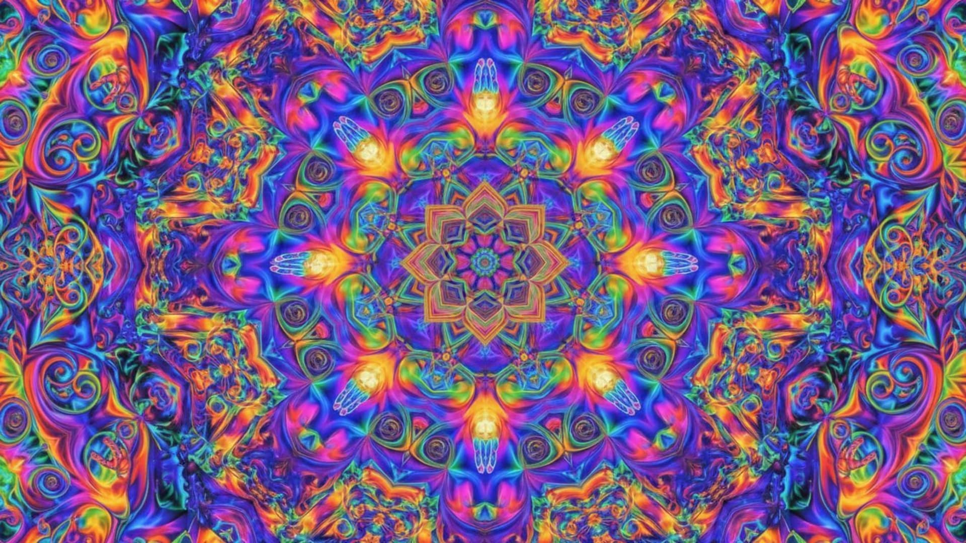 Mandala psychédélique avec géométrie, mudras, couleurs kaléidoscopiques, fond ecran hypnotique, ambiance psychédélique